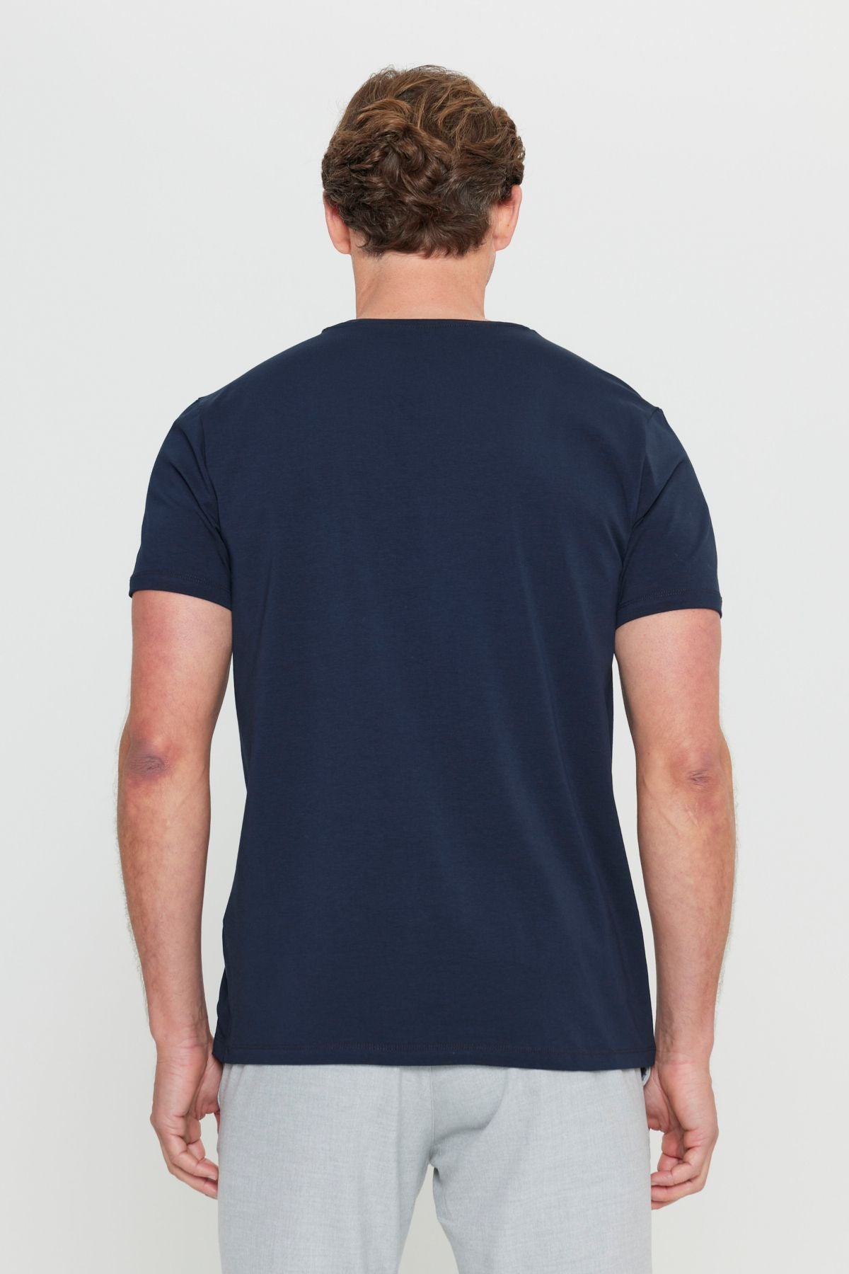 Men's navy blue 360 degrees stretching in all directions slim fit narrow cut bike bike collar t -shirt