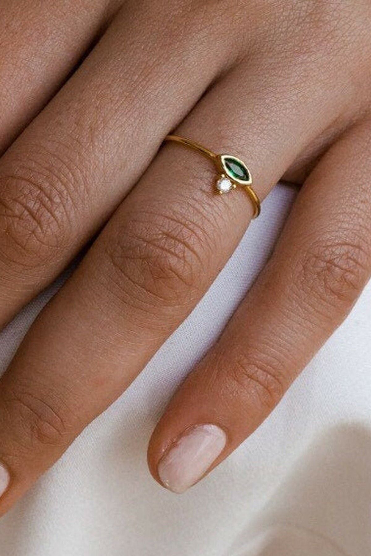 Green Emerald Stone 14 K Rose Gold Plated Adjustable Women Ring