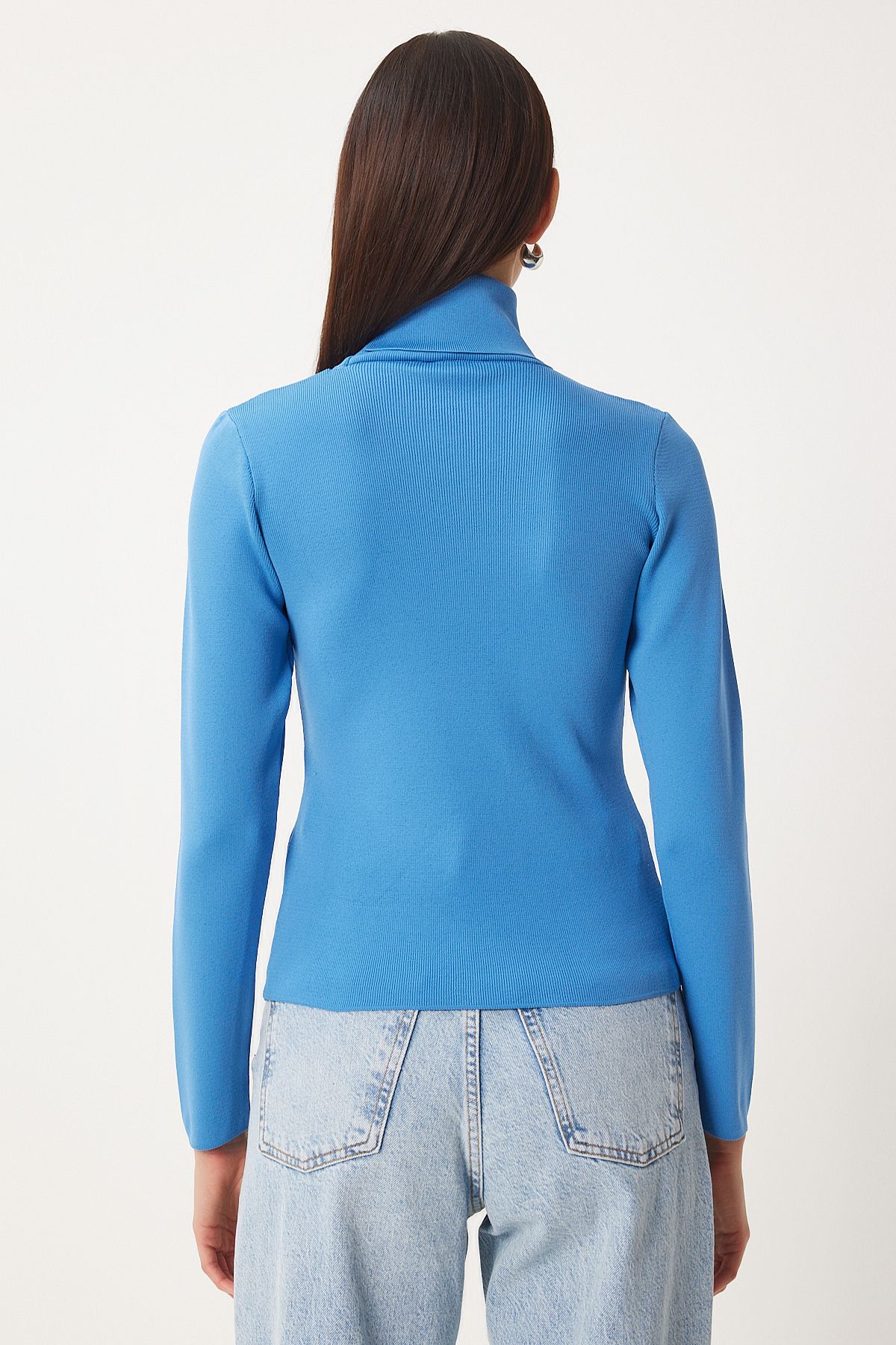 Woman Blue Fisherman's Licra Knitting Sweater FN03344