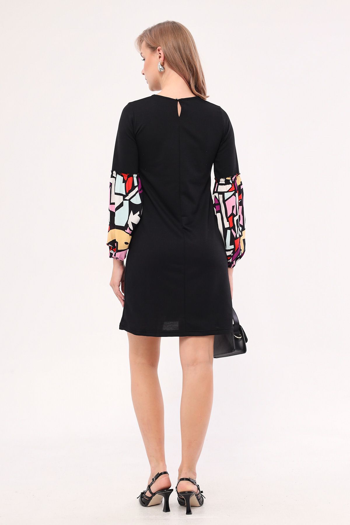 Female Black Geometric Patterned Balloon Sleeve Dress ARM-20K001099