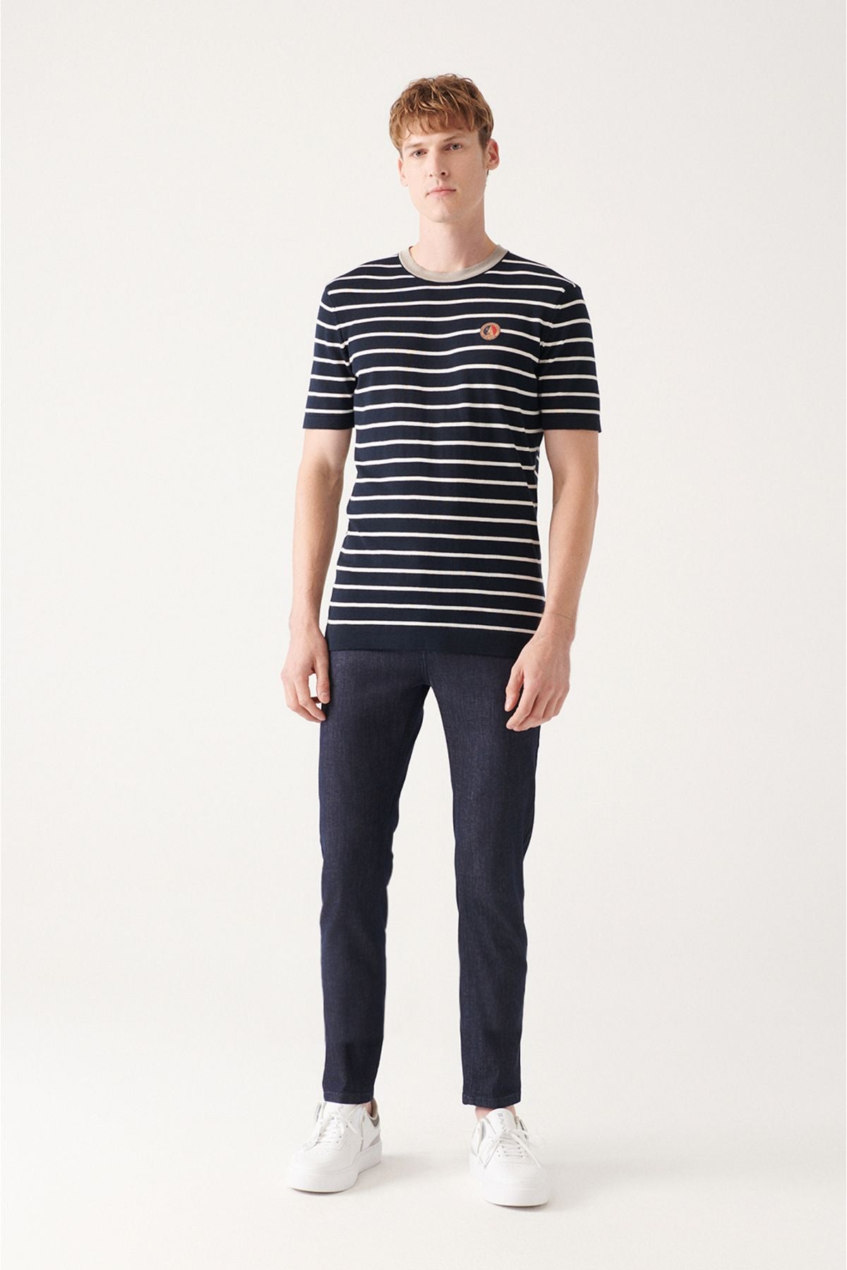 Men's navy blue cotton bike collar striped knitwear T-shirt A31y5032