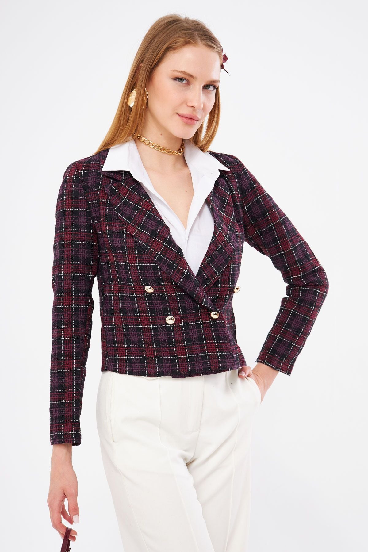 WOMEN'S PUBASTRY CREMAZE YAKA TÜVİT CROP JACKET