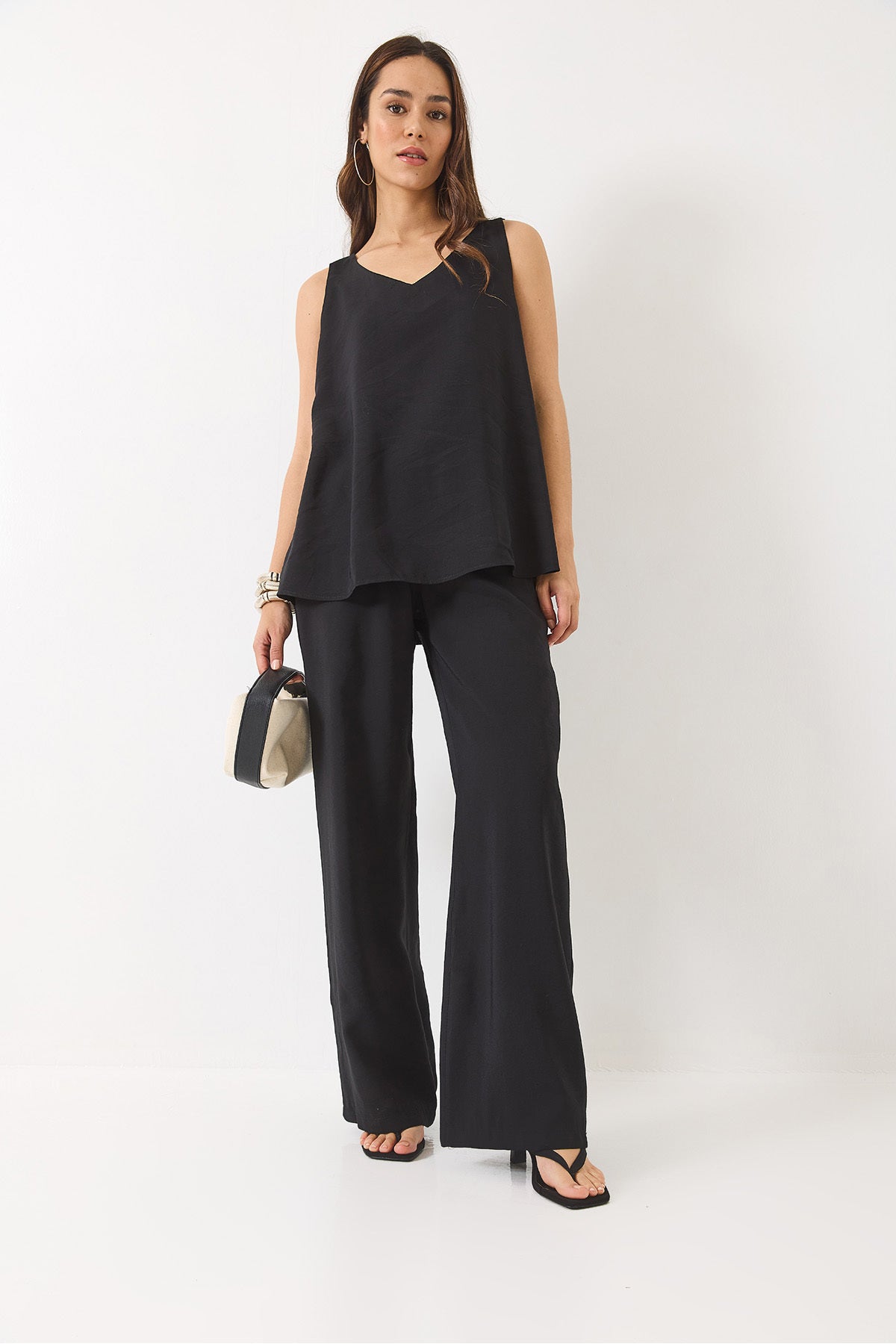 Women's V-Neck Strap Blouse Palazzo Trousers Bottom-Top Set 3142 60283115