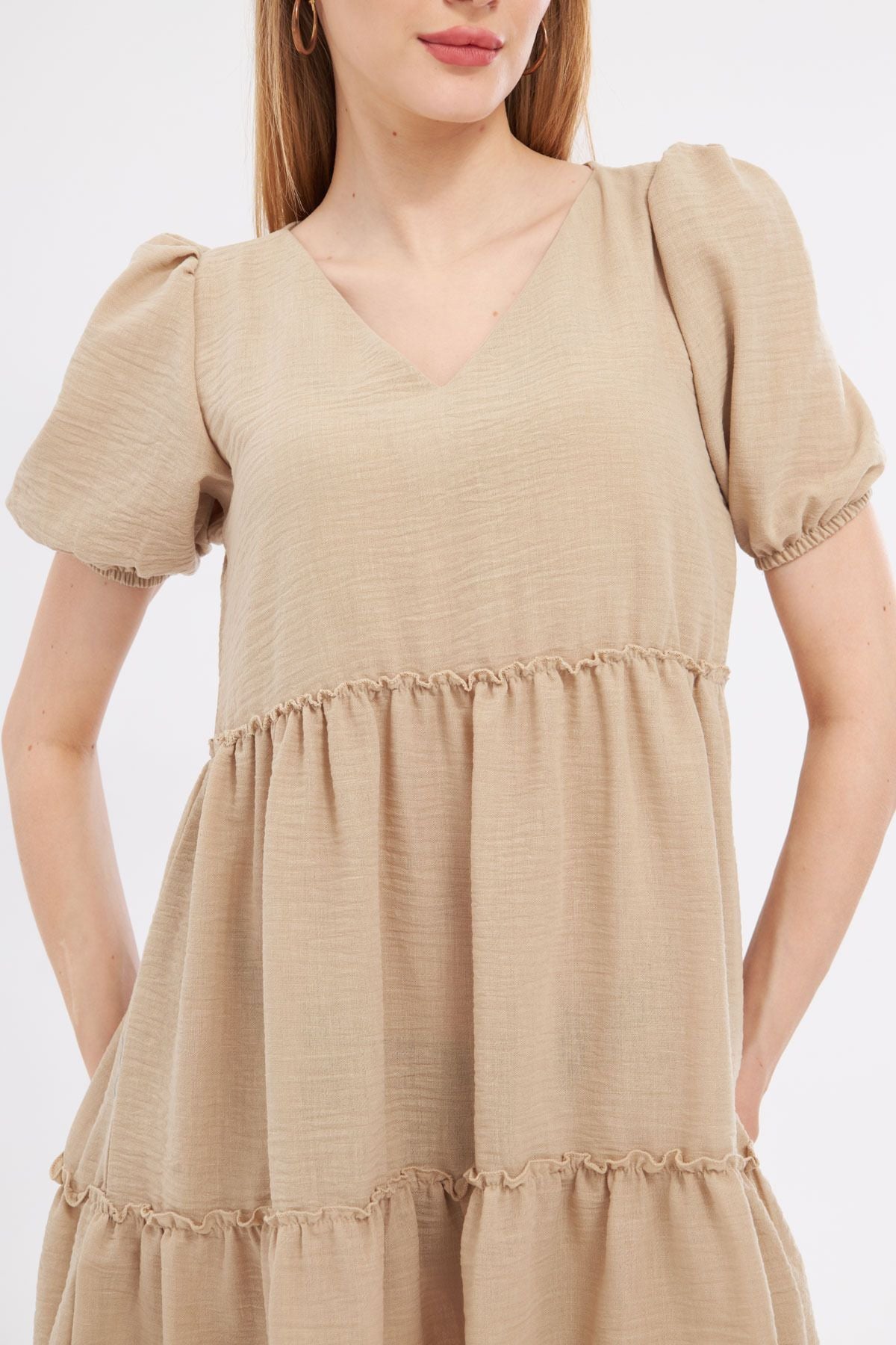 Female beige linen looking V-neck Short Arm Ruffle Dress ARM-24Y001071