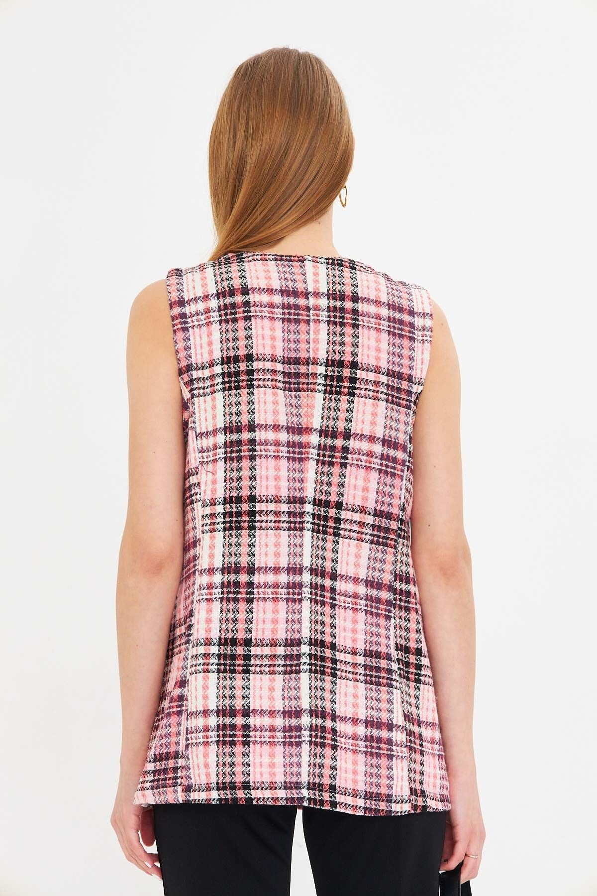Woman Powder V-Neck Single Button Oversize plaid vest ARM-25K0011111
