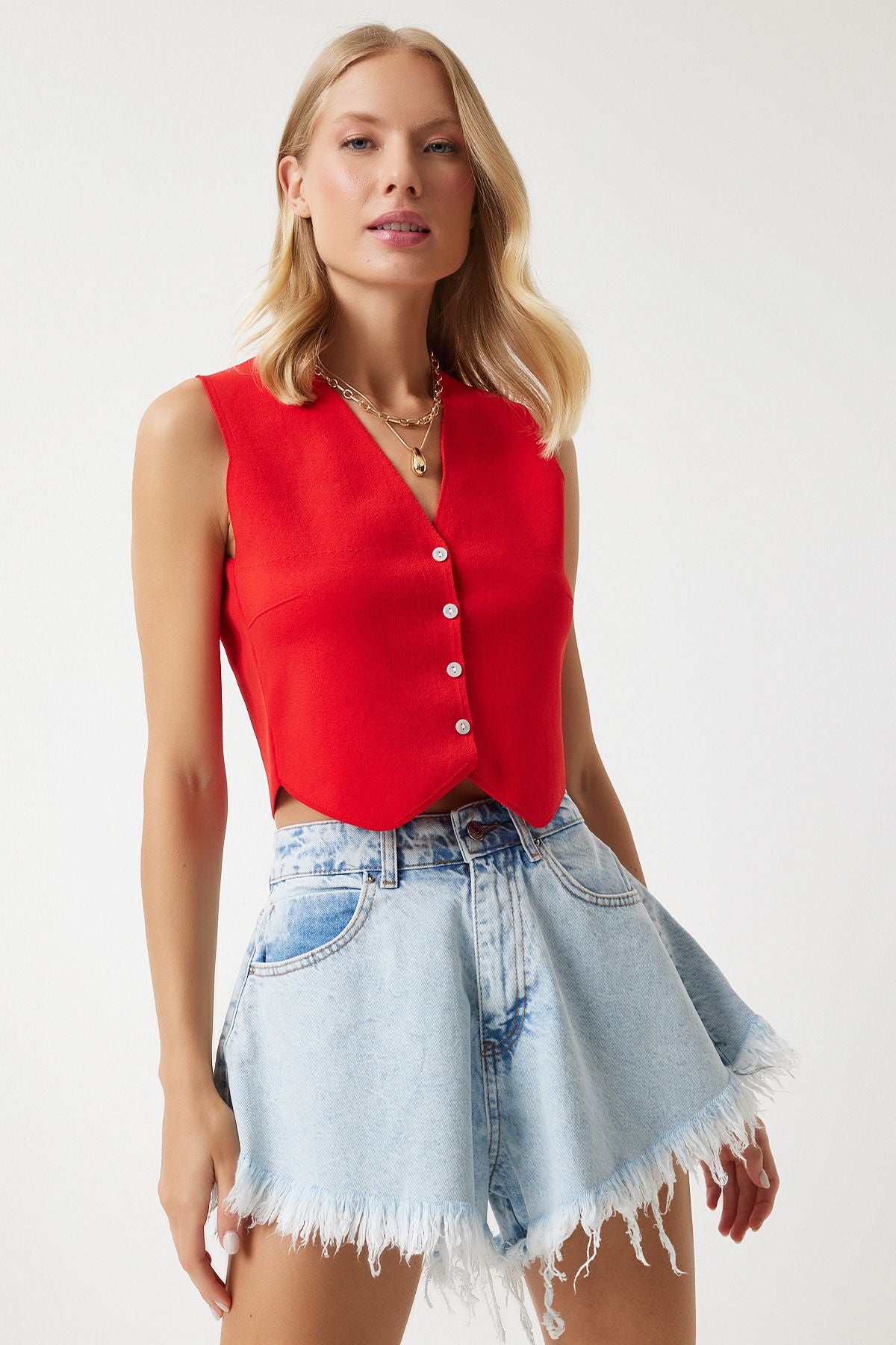 Woman Red V -Neck Button Summer Triko Vest YY00139