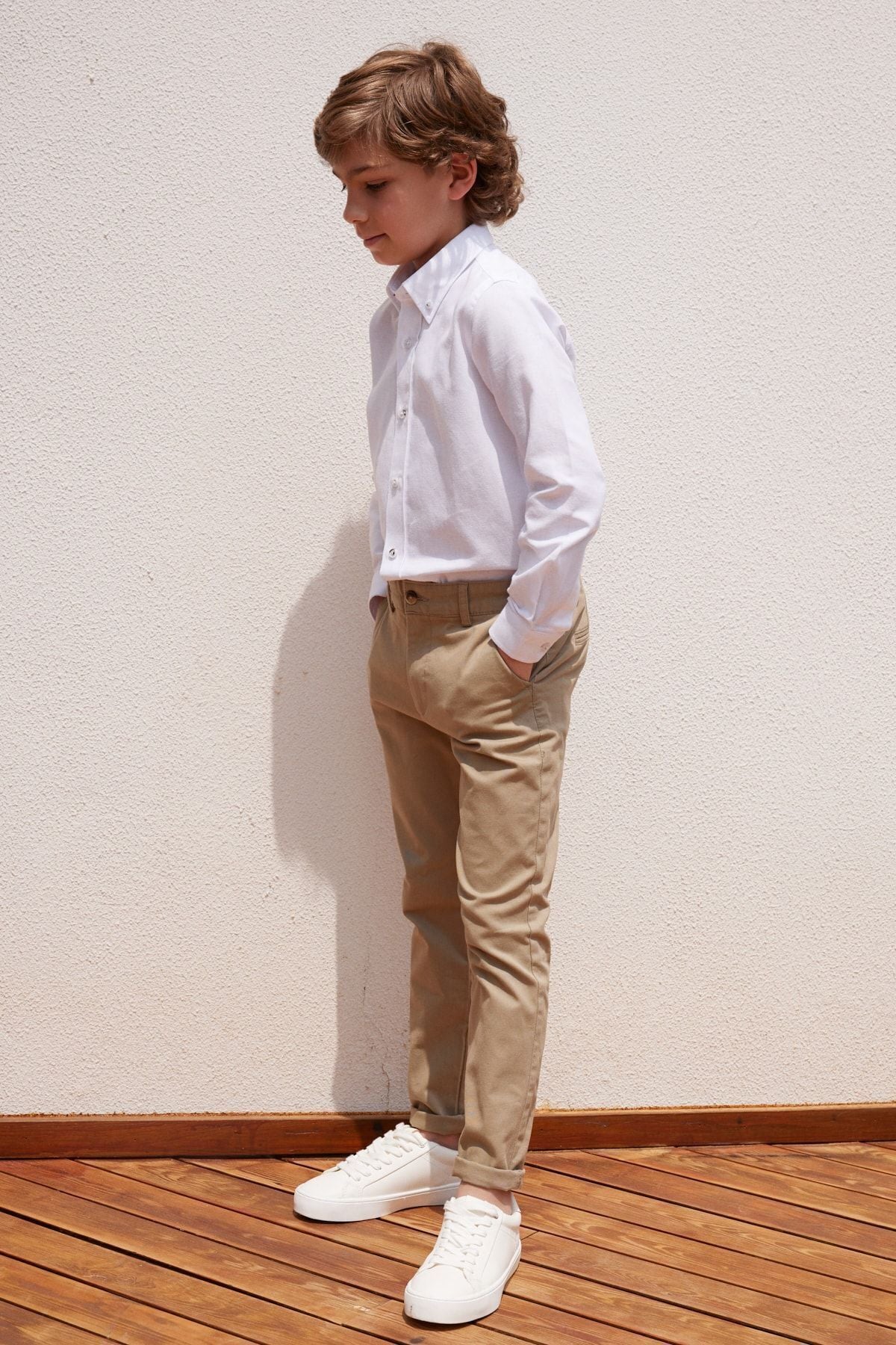 Beige slim fit narrow cutting side pocket cotton flexible child chino pants