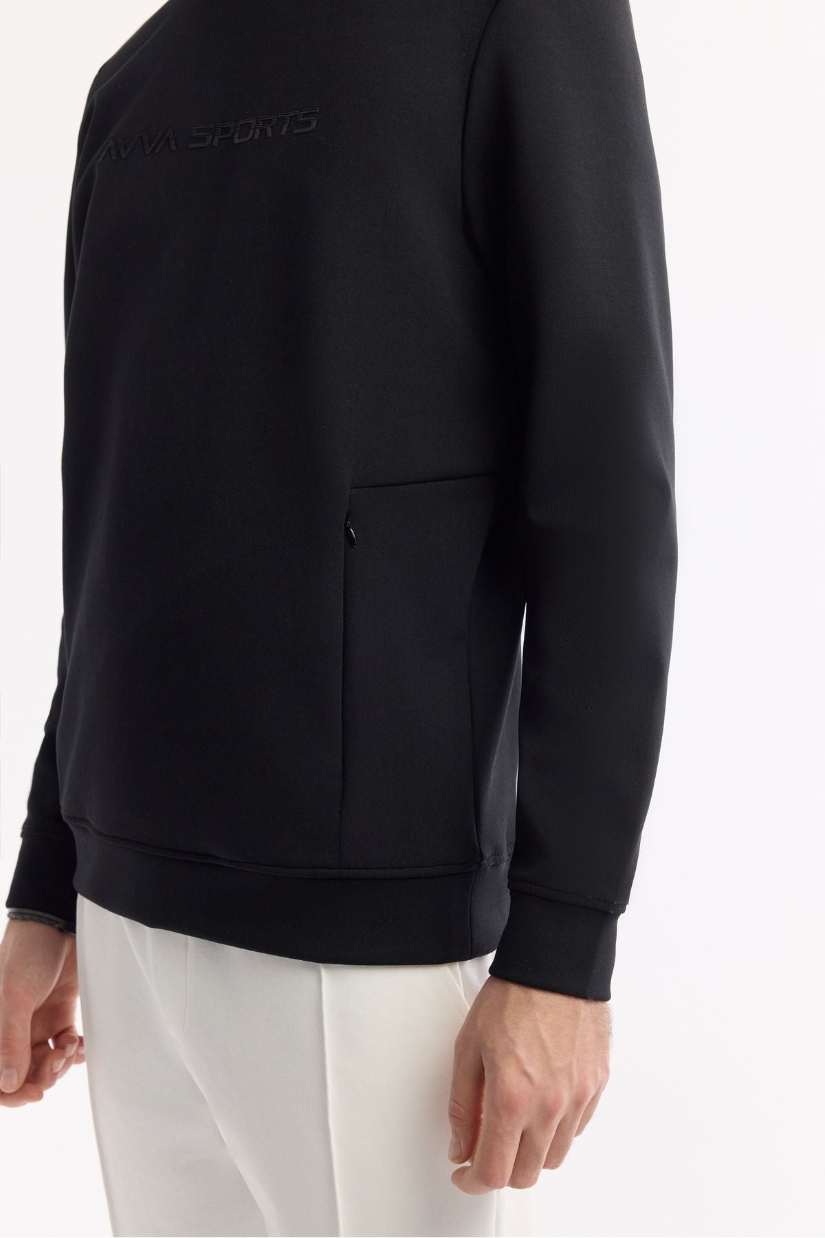 Erkek Siyah Bisiklet Yaka Enjeksiyon Baskılı Gizli Fermuarlı İnterlok Sweatshirt A51Y1208