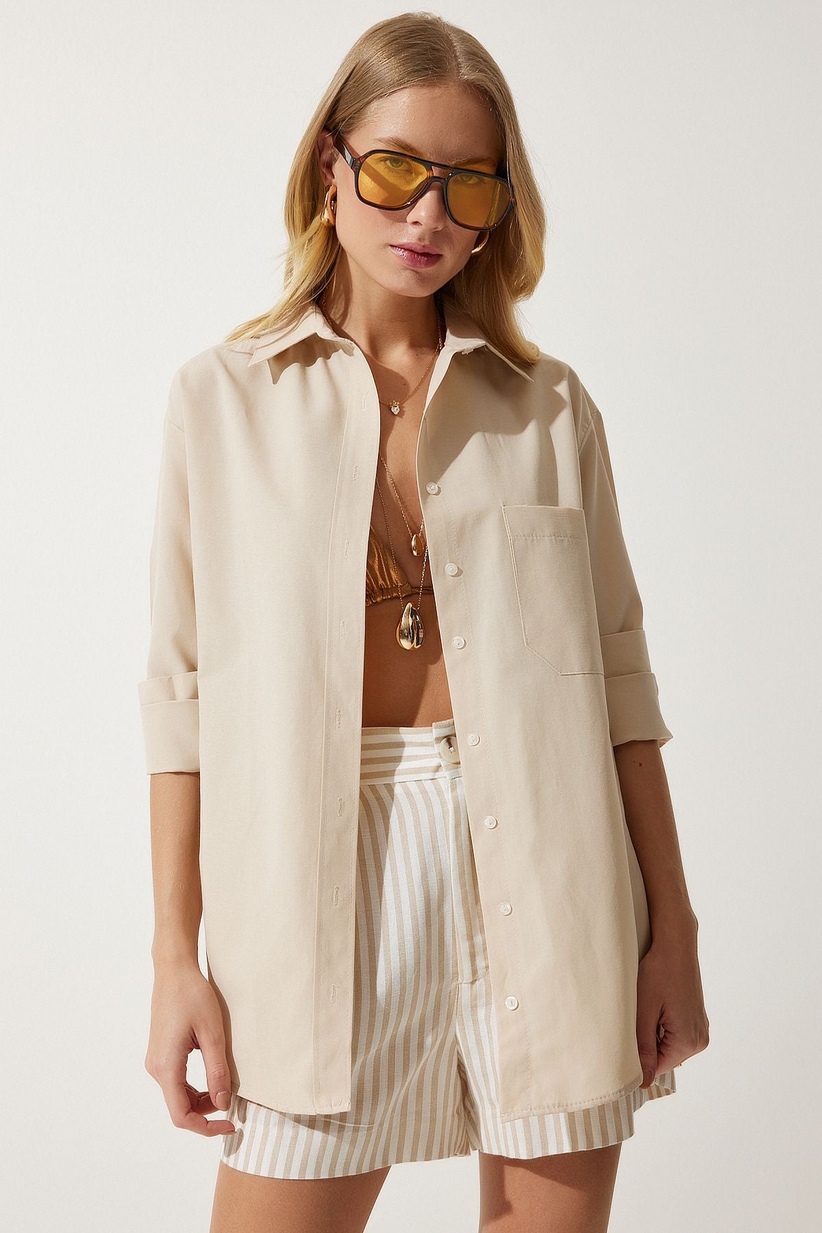 Female Latte Single Pocket Boyfriend Poplin Shirt CY00014