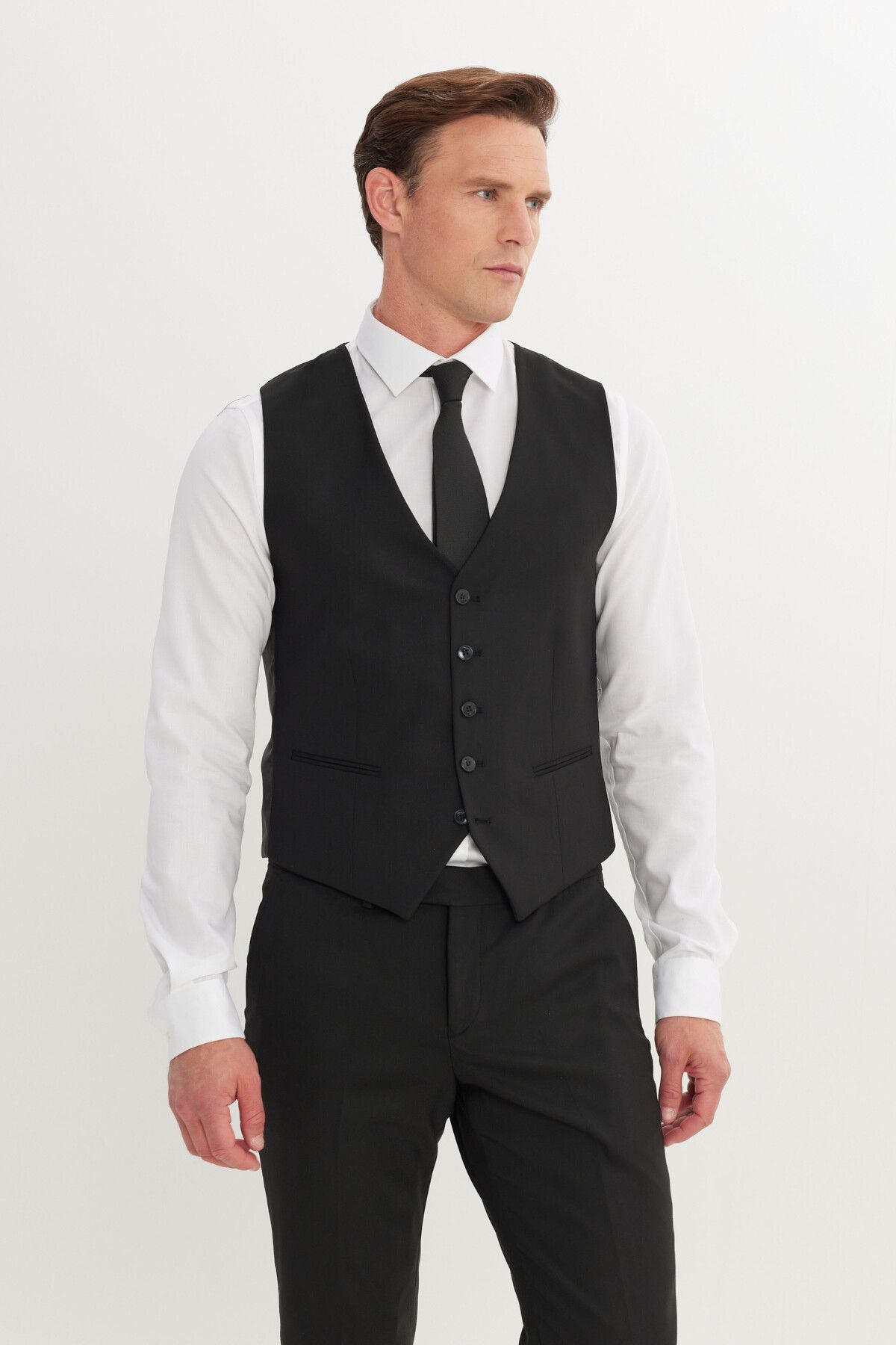 Men's Black Slim Fit Narrow Cut Swallow Cover Cep Cep Wit with Vest Suit