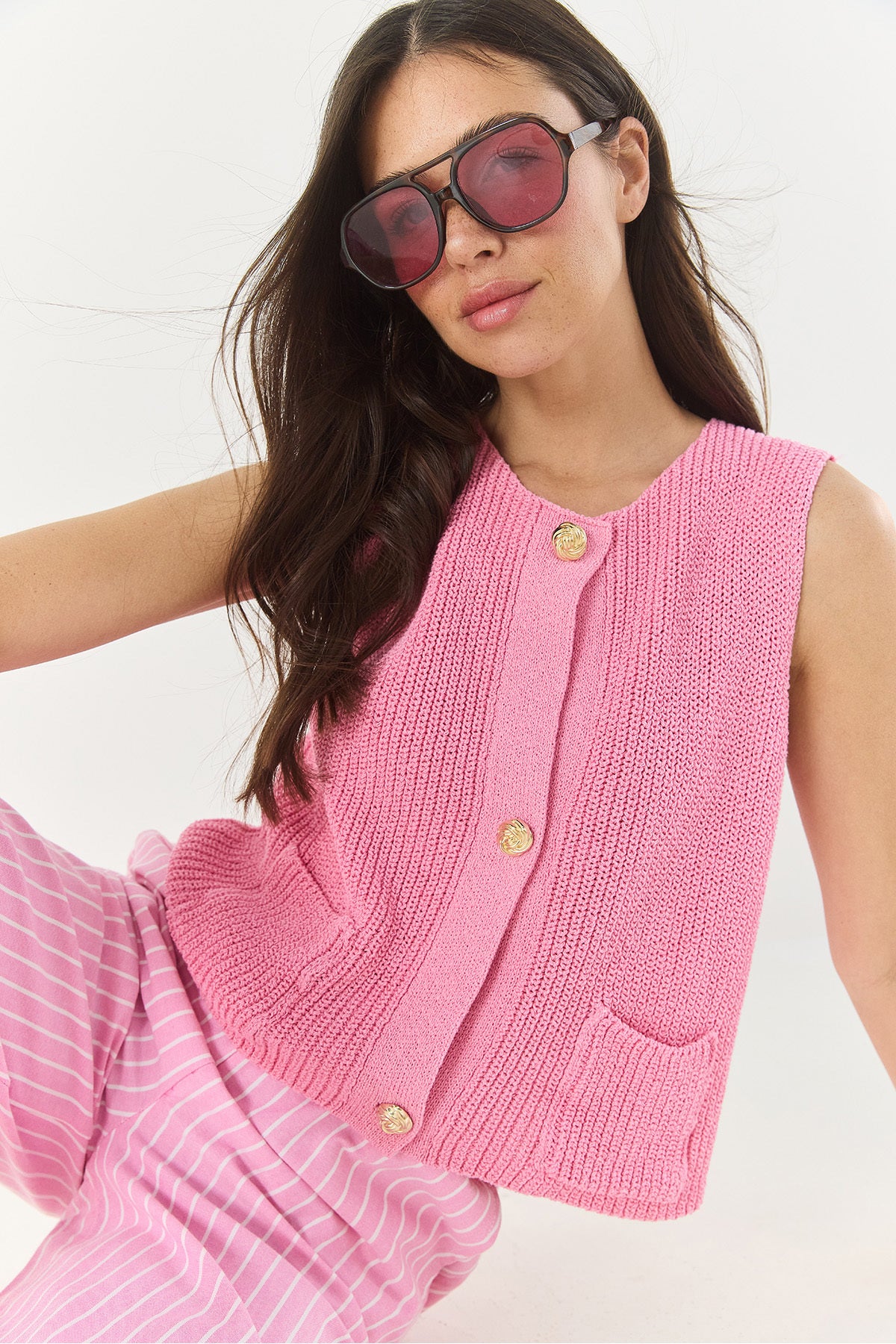 Women's Crew Neck Gold Button Detailed Zero Sleeve Knitted Vest TY251001 60283265