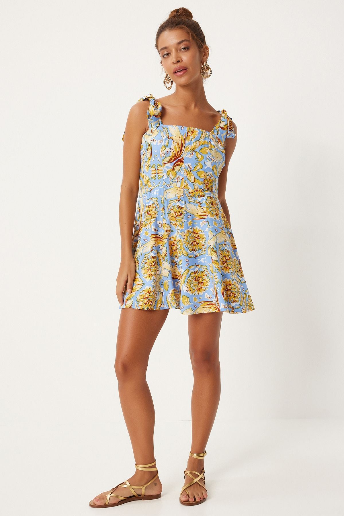 Woman Sky Blue Yellow Thick Simple Patterned Summer Mini Viscose Dress FN03238
