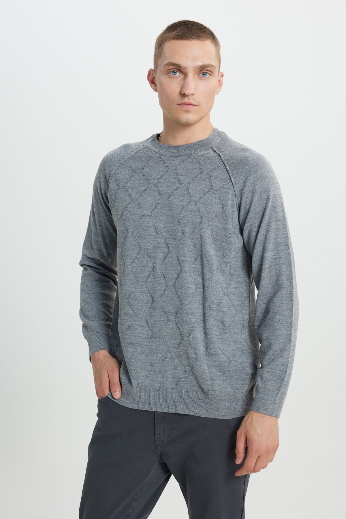 Men's Gray Standard Fit Normal Cut Bike Cyclos Jacquard Knitwear Sweater