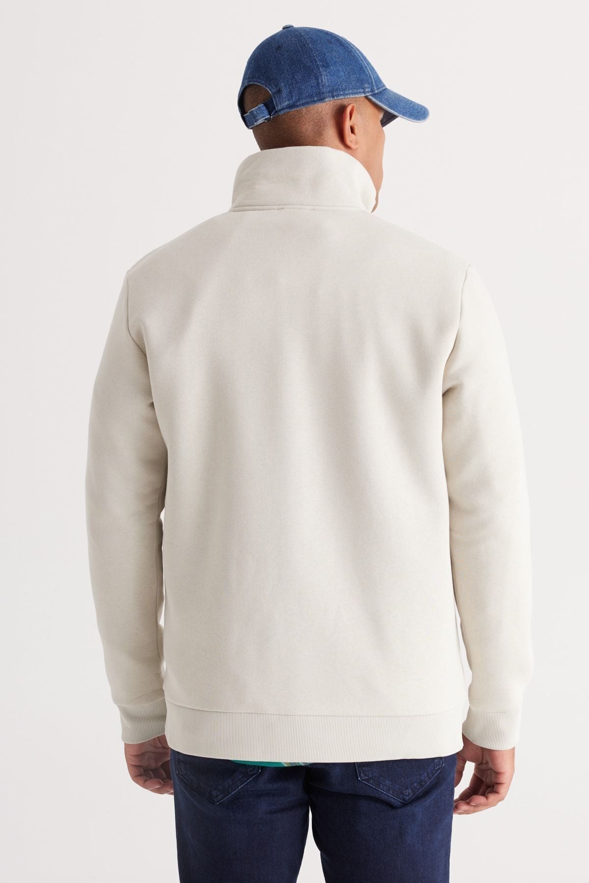 Men's beige flee standard fit Normal cut upright bato collar cotton sweatshirt
