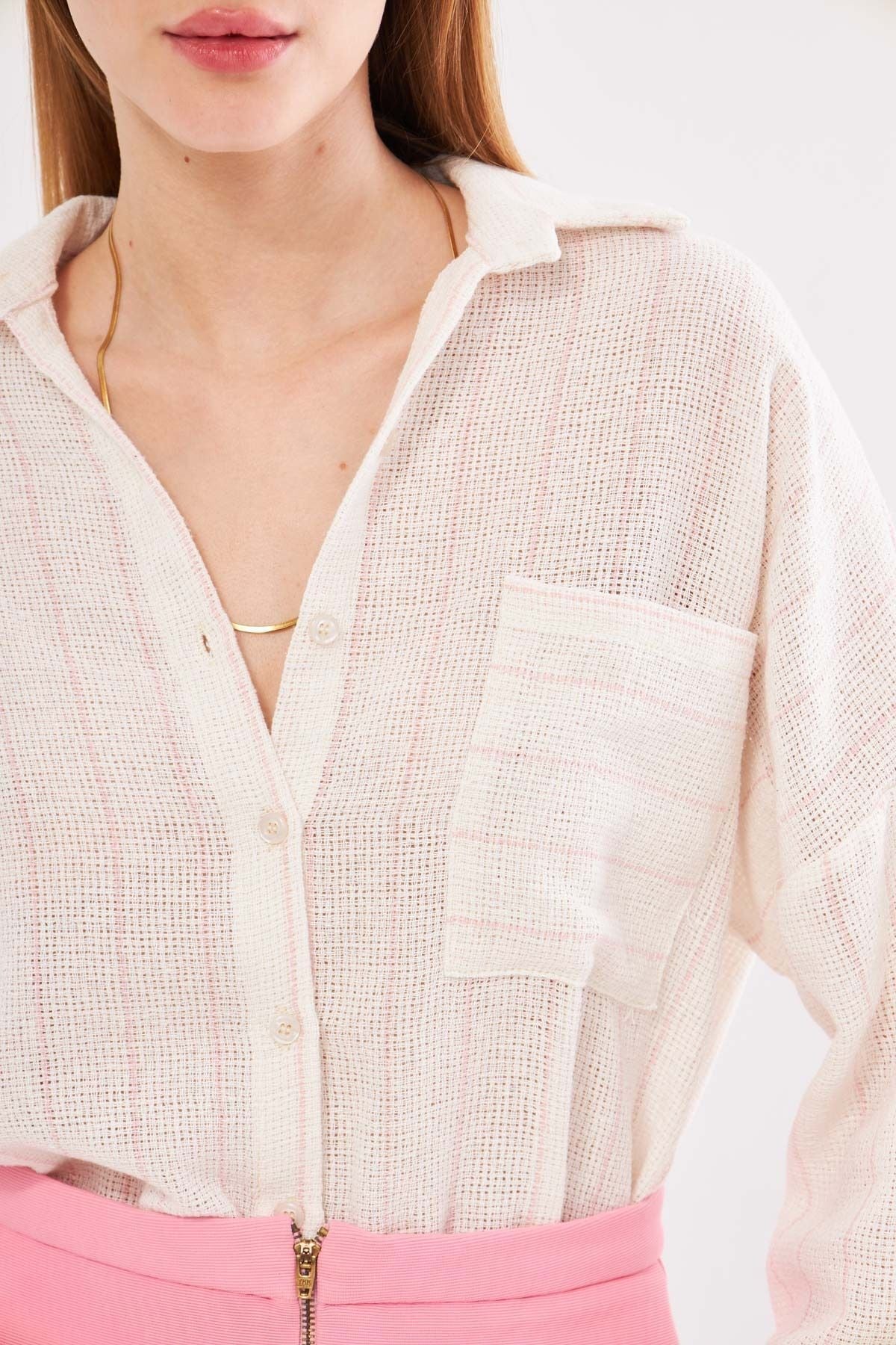 Female Powder Pink Long Sleeve Pocket Detailed Rigge Pleated Striped Oversize Shirt ARM-24Y001053
