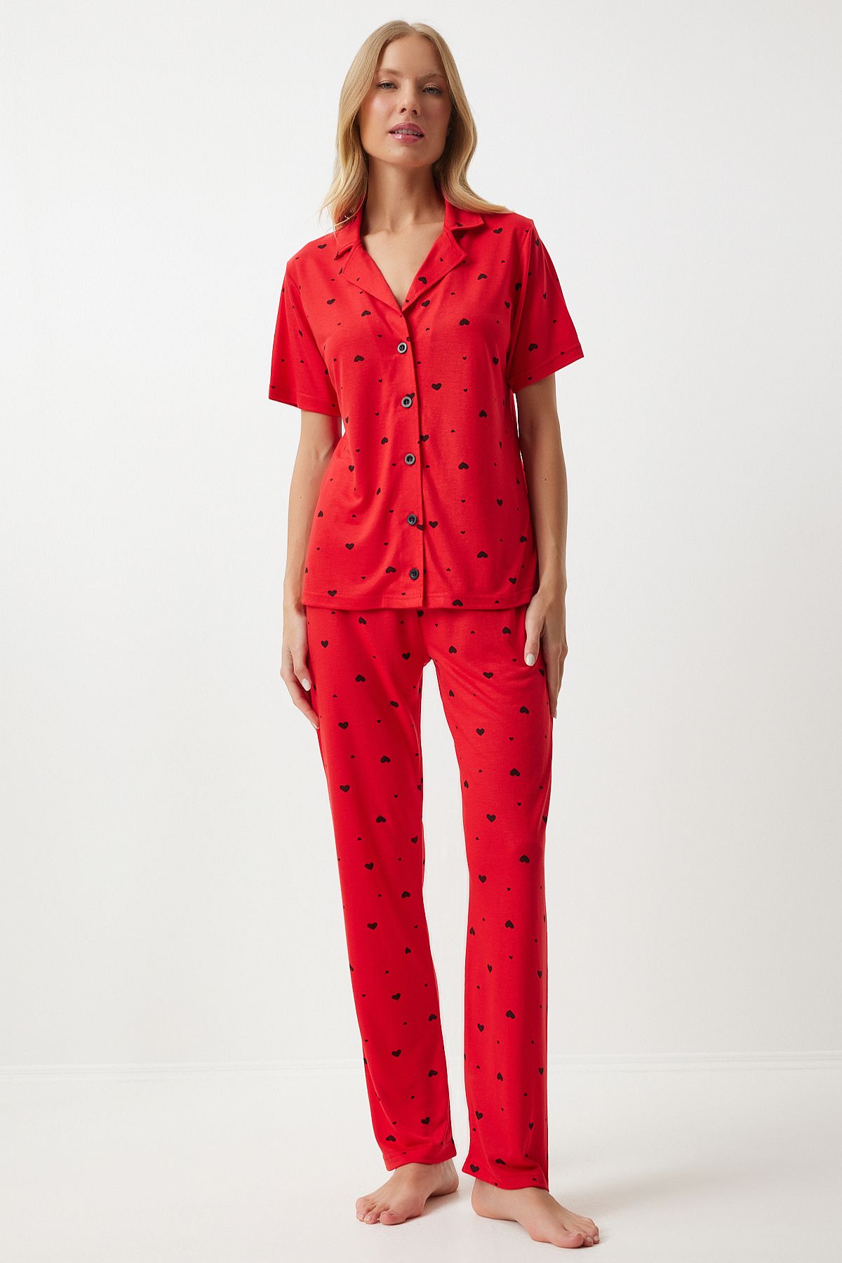 Female red -hearted shirt pants pajama set EC00036