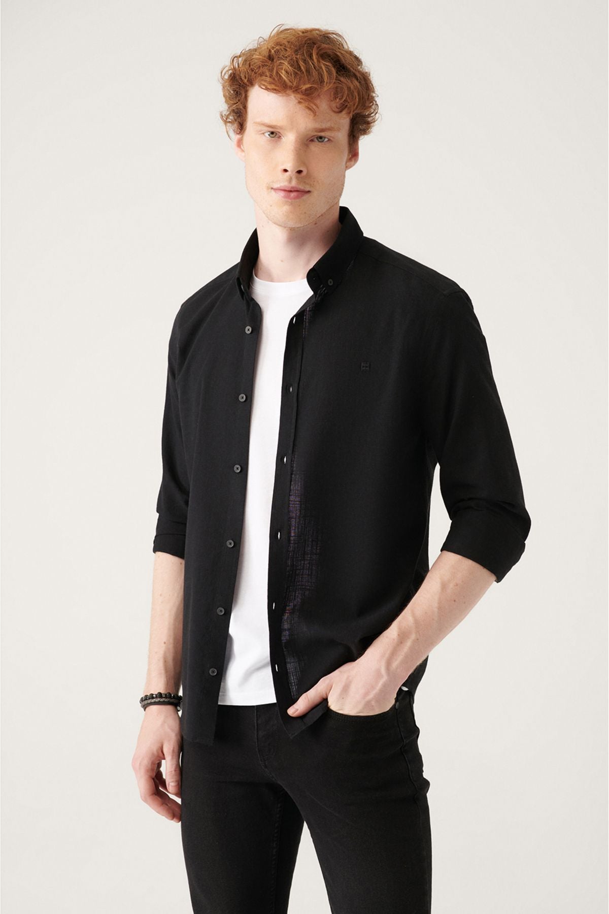 Men's black button collar 100 %cotton linen textured shirt E002141