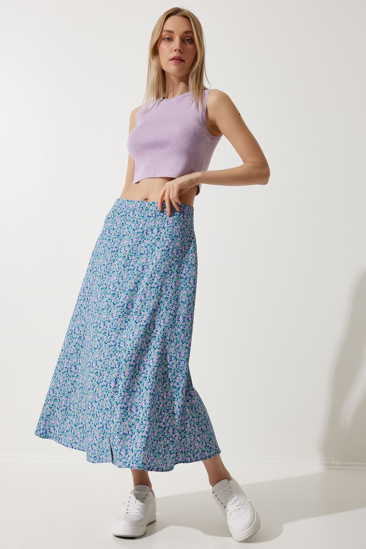 Woman Pink Blue Flower Swittish Summer Viscose Skirt MX00165