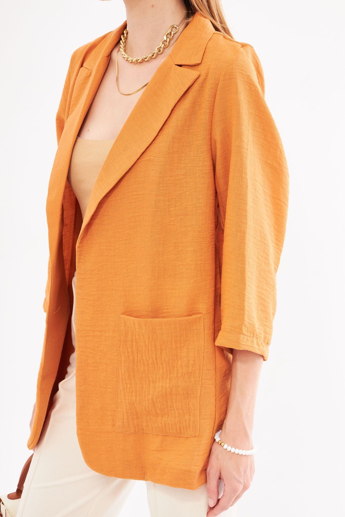 Female tile linen-looking pocket overwheeling jacket ARM-24Y001065