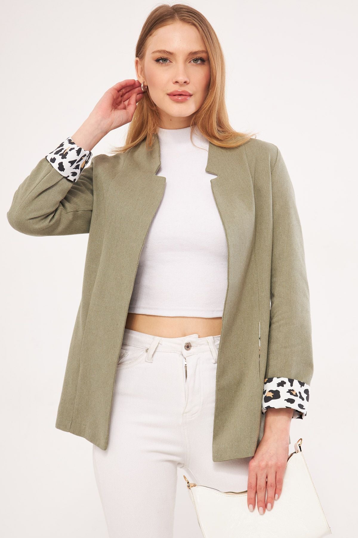 Woman Khaki Ikosiena jacket upright neck sleeve intra-arm leopard patterned ARM-24Y001044