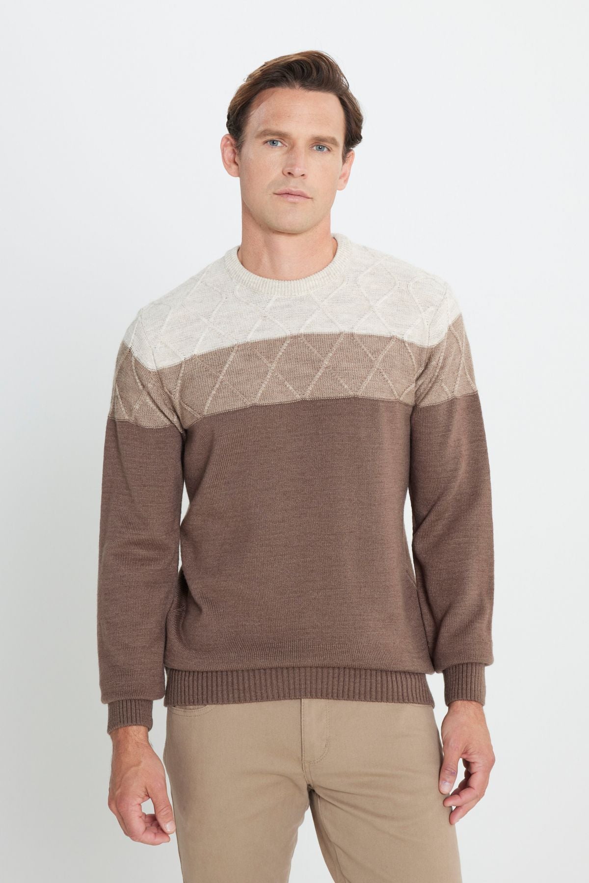 Men's Beige-Kahve Standard Fit Normal Cut Cycling Bike Colorblock Patterned Knitwear Kazakh