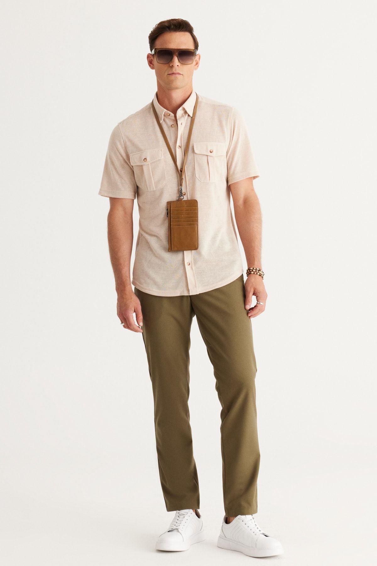 Men's Beige Slim Fit Narrow Cut Hidden button shirt with short sleeve pockets