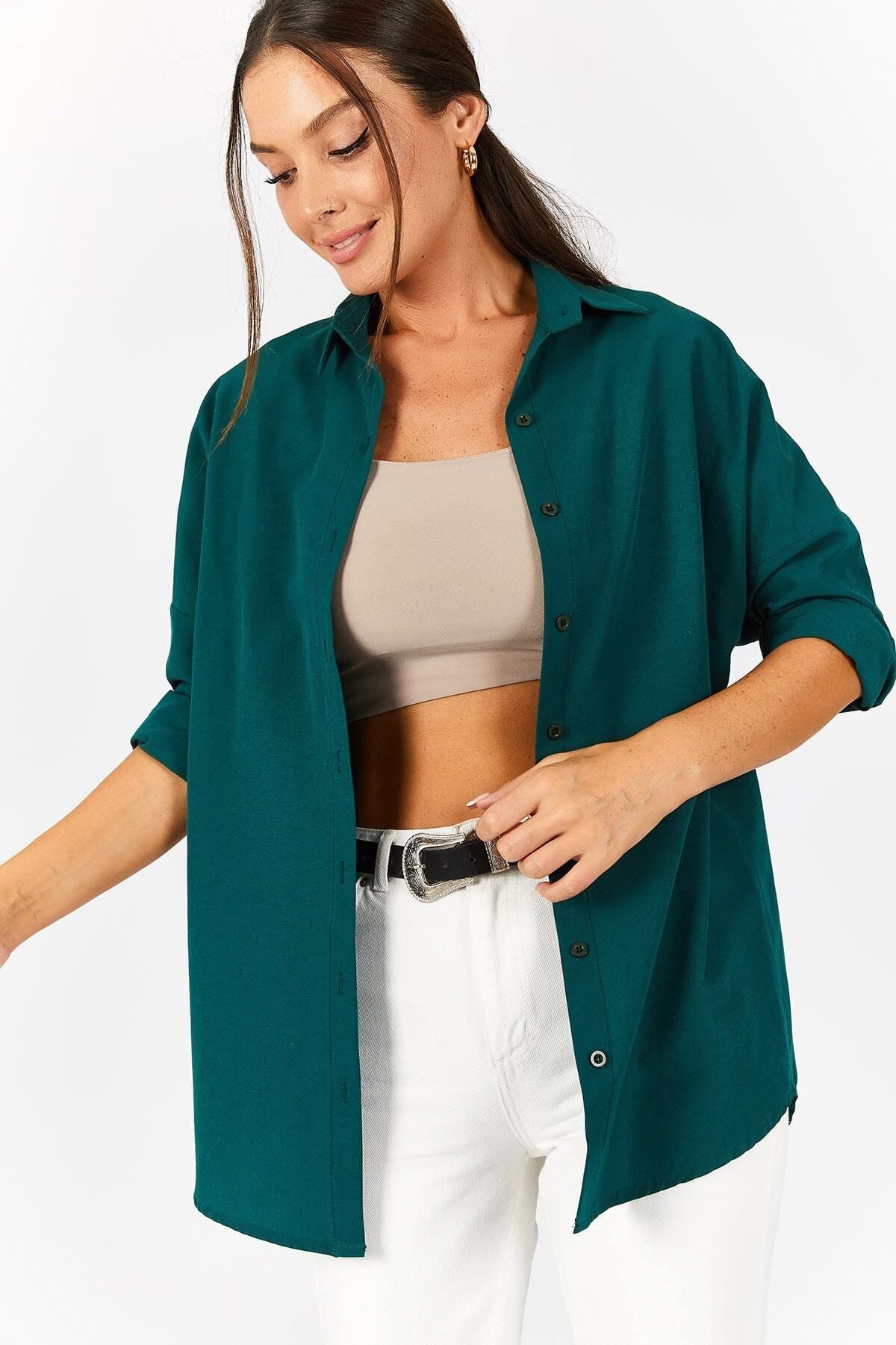 Woman Dark Green Oversize Long Basic Shirt ARM-221118