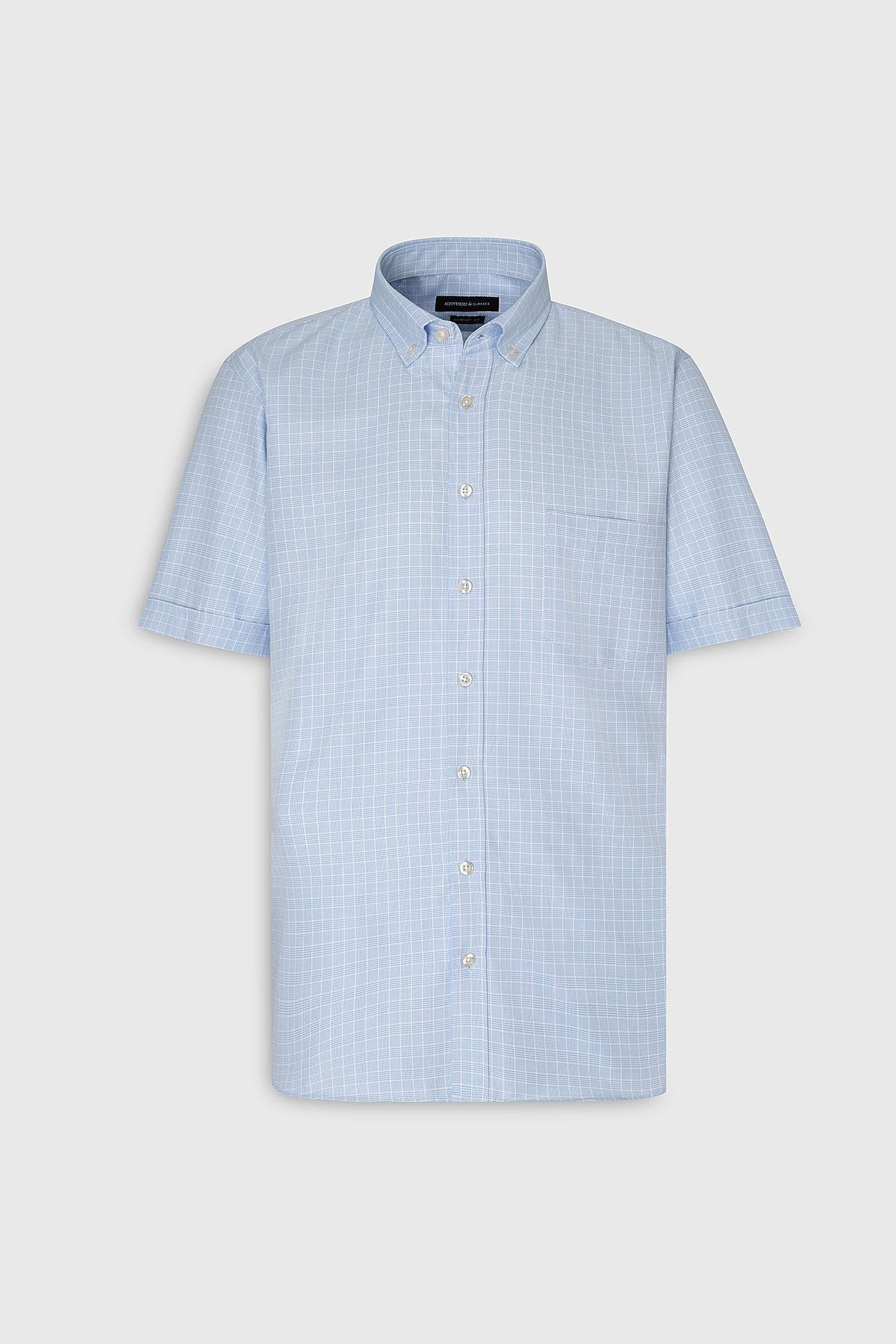 Men's Light Blue Comfort Fit Casual Cutting Buttoned Neckline Short Sleeve Shirt