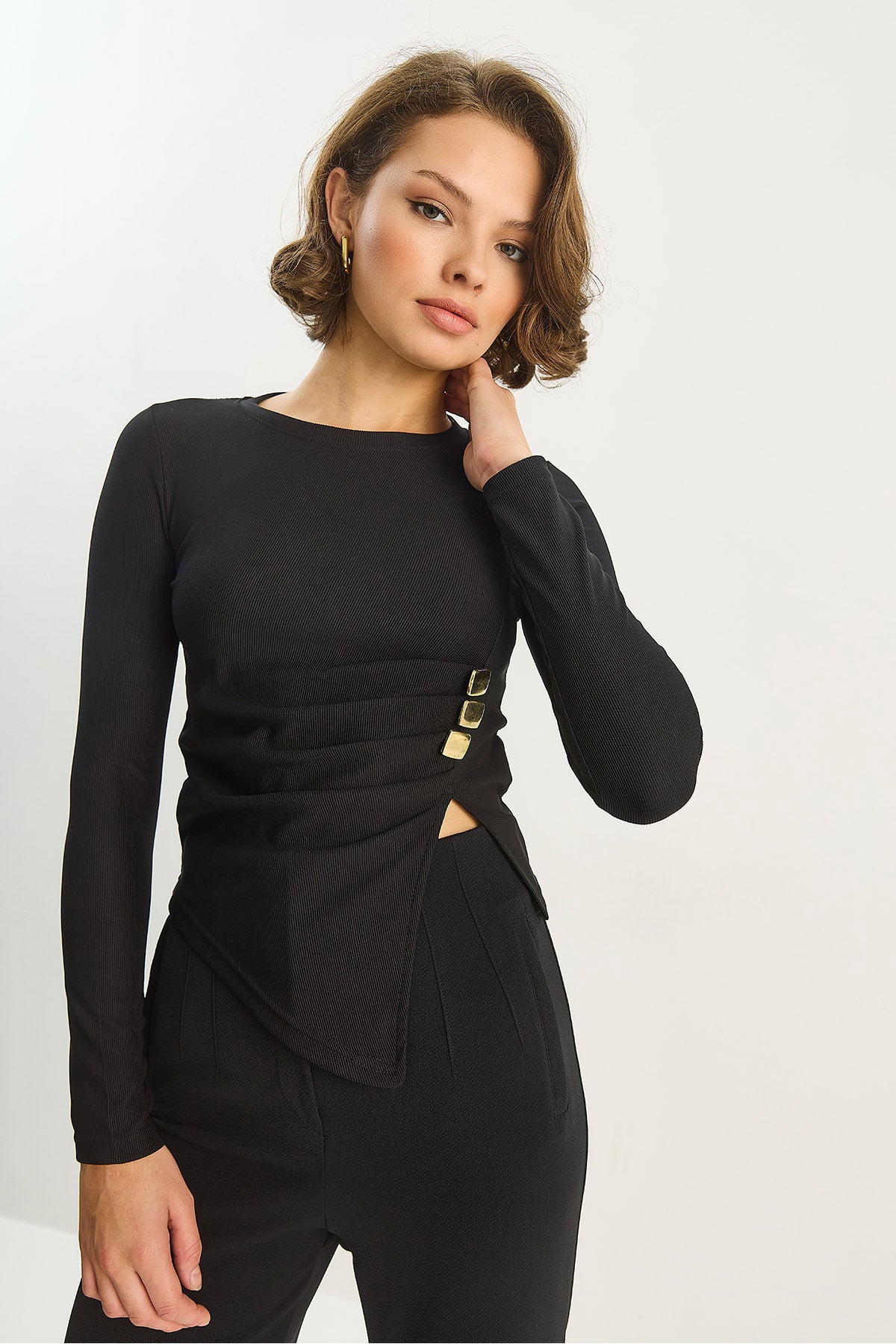 Women's Crew Neck Asymmetrical Cut Corduroy Blouse with Accessory Detail 2279 60283703