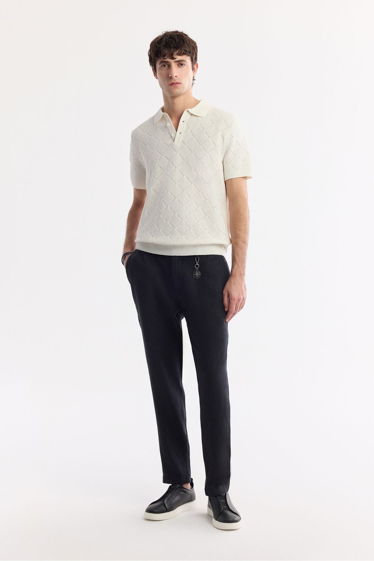 Male Ecru Polo Yaka Jacquard Bouquet Yarn Triko T-shirt A51y5040