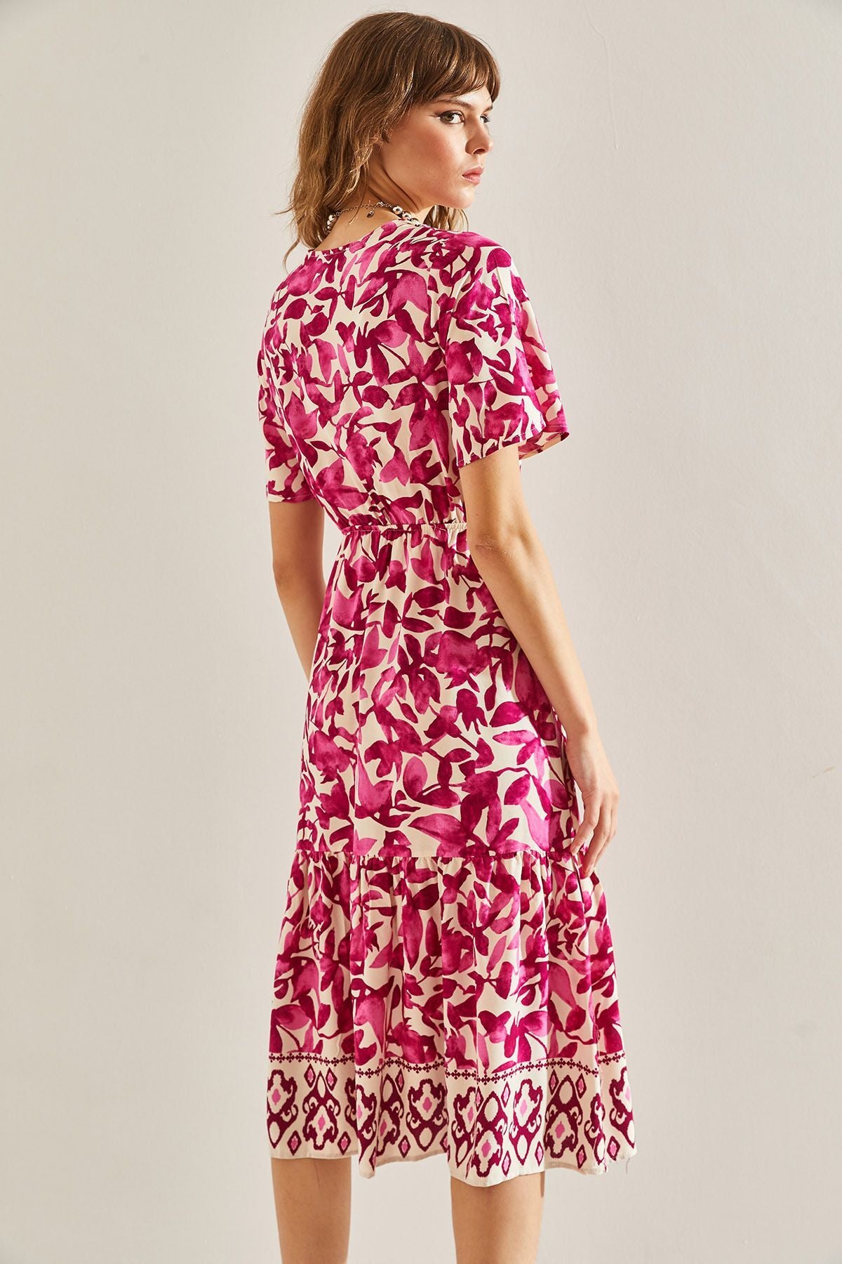 Women's Wrap Neck Waist Gathered Skirt Ruffle Detailed Dress 60251147