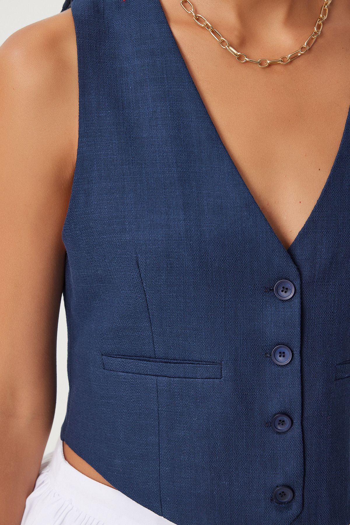 Woman Navy blue linen short vest KT00011
