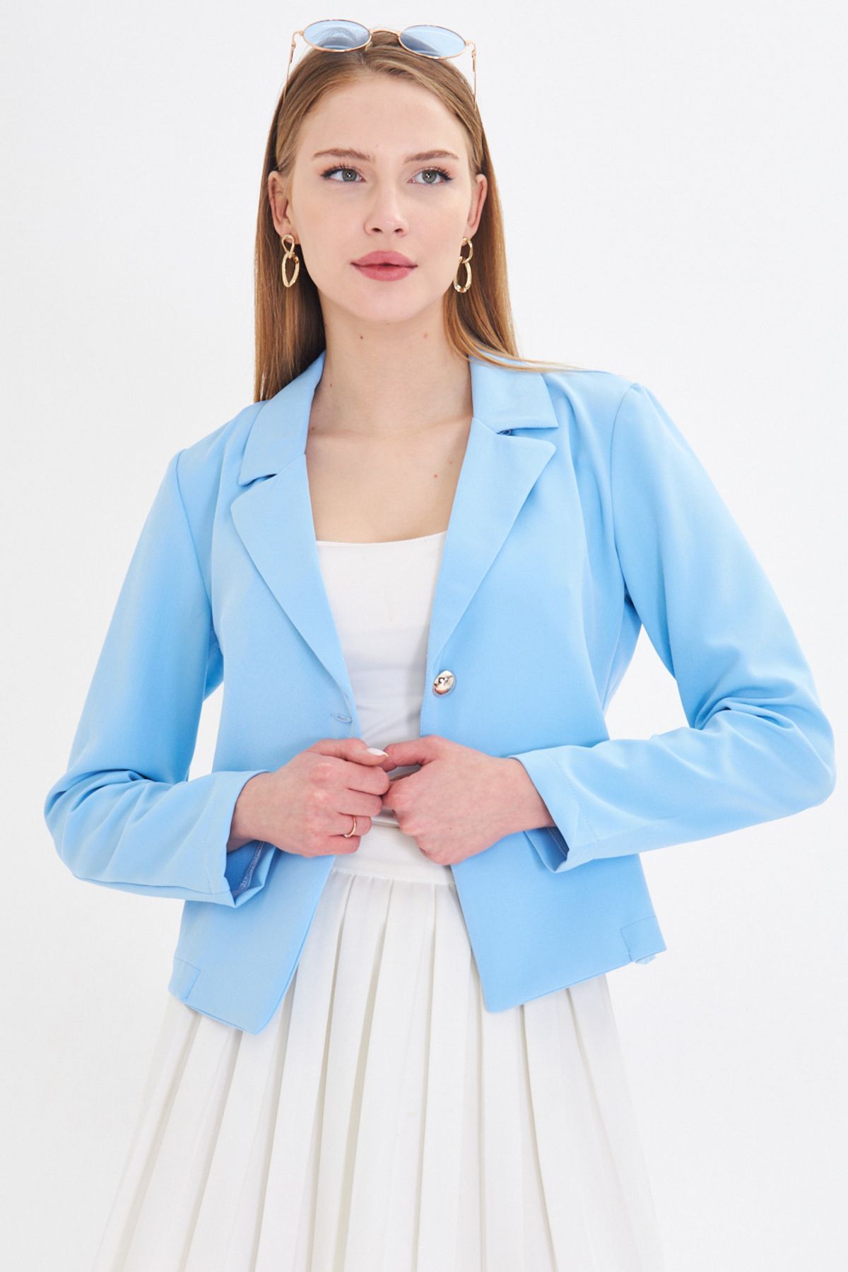 Woman Baby Blue Single Button Crop Jacket ARM-22Y001237
