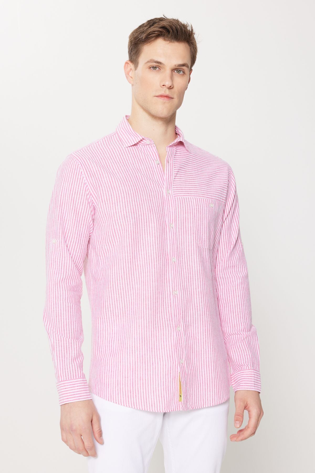 Male Coral-White Linen Comfort Fit Casual Cut Classic Collar Striped Shirt