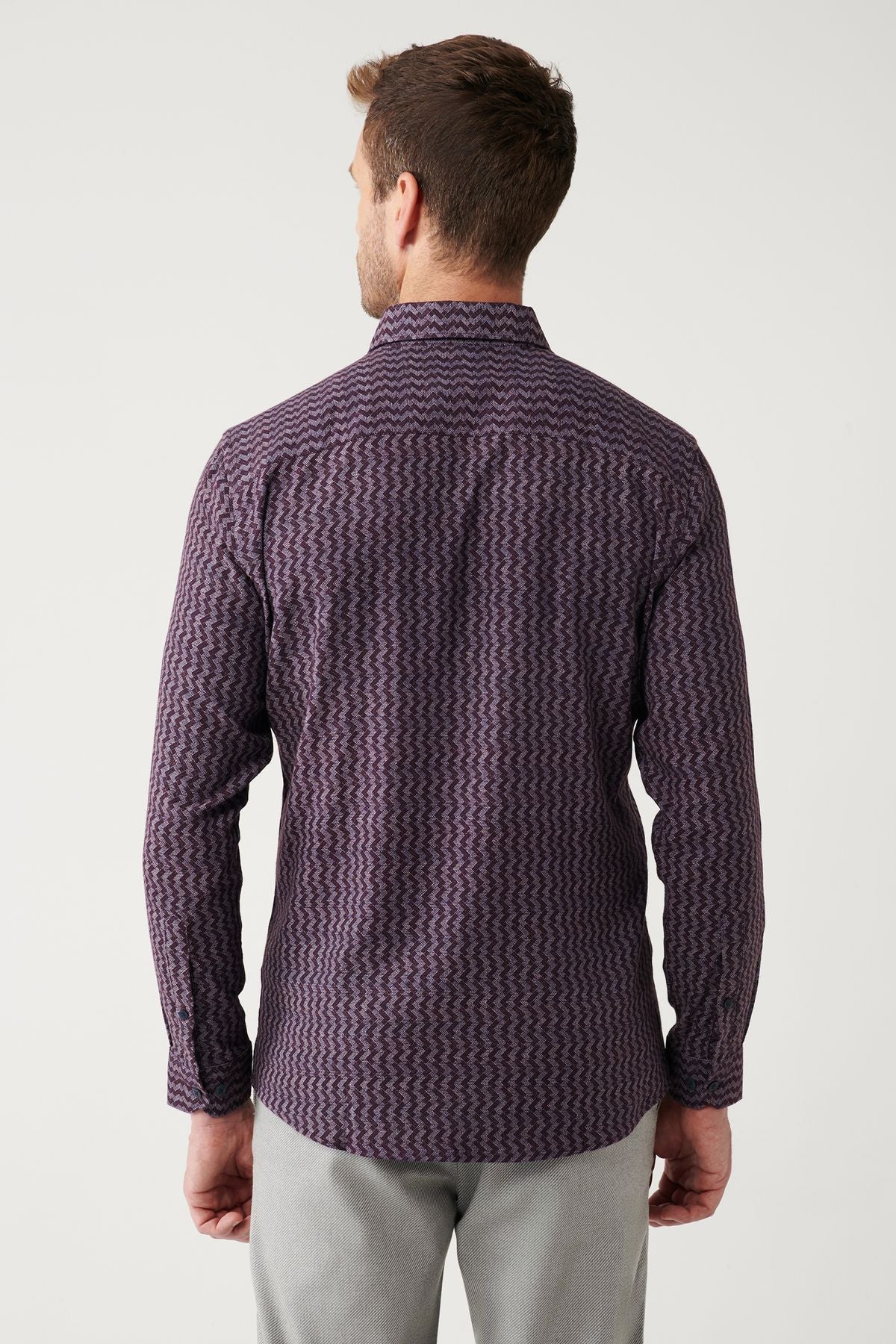 Flexible Cotton Shirt with Men's Bordeaux Buttoned Neck Pattern A32Y2145