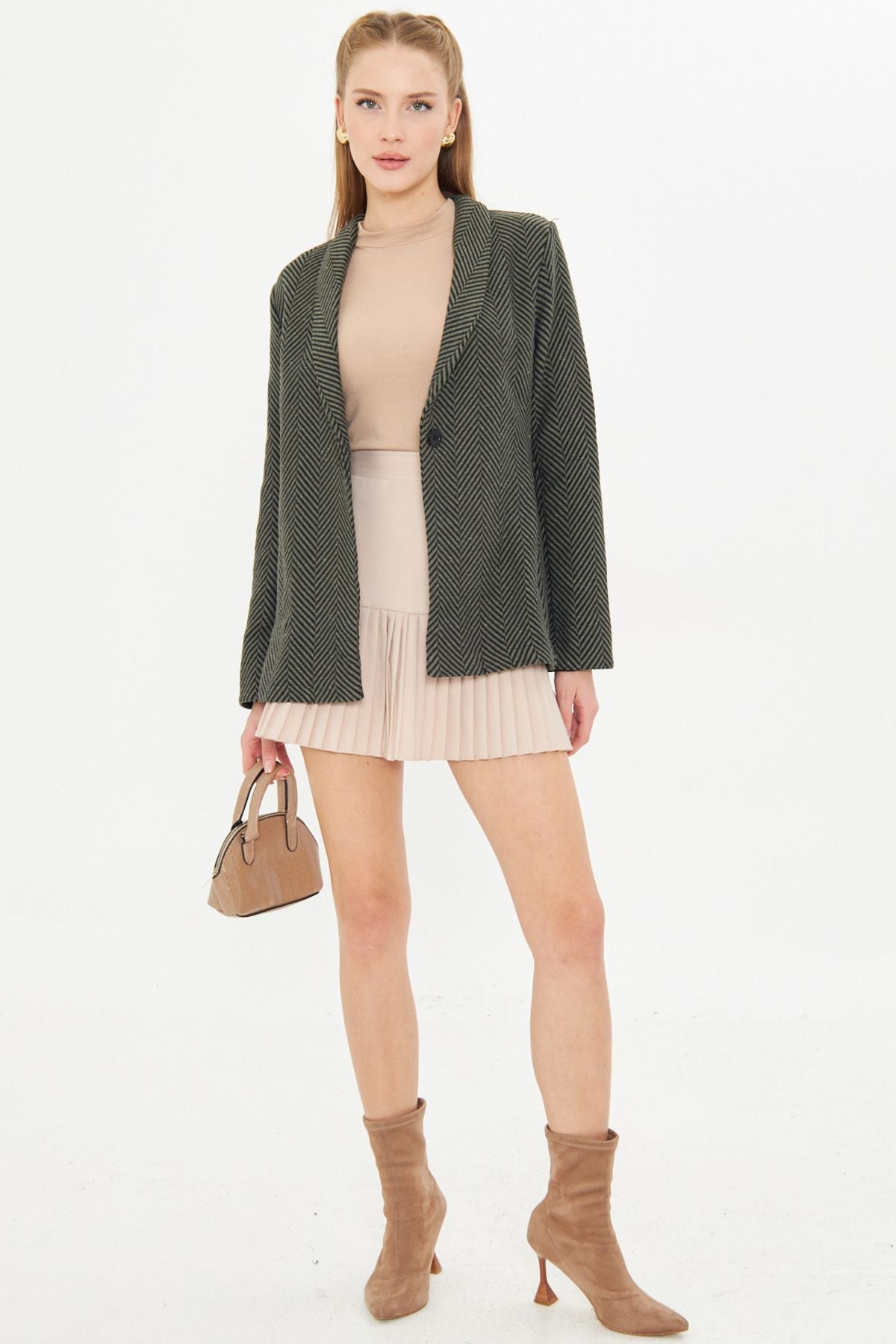 Female Khaki Fish Ridge Pattern Folding Single buttoned stamp jacket ARM-24K001066