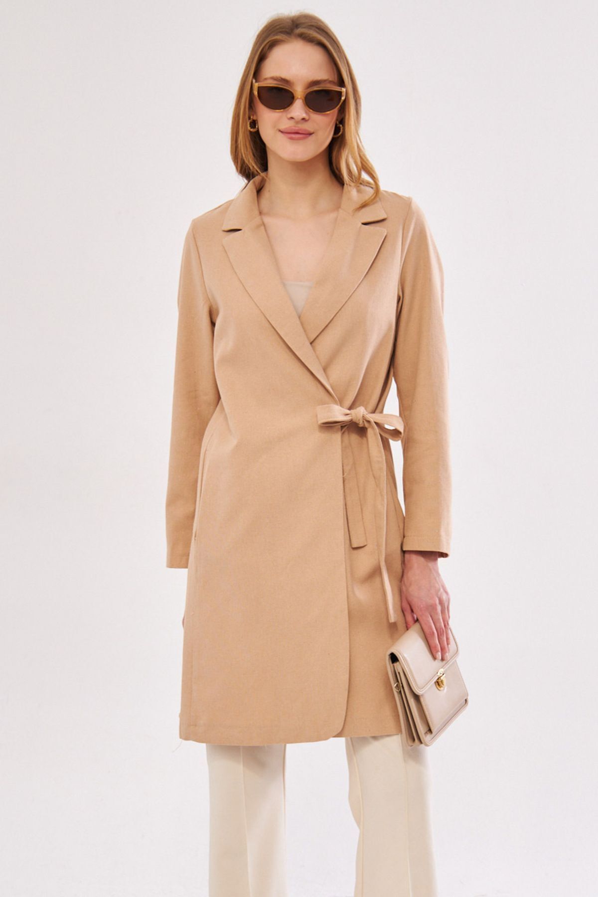 Female Beige Side Ties Long Coat ARM-24Y001019