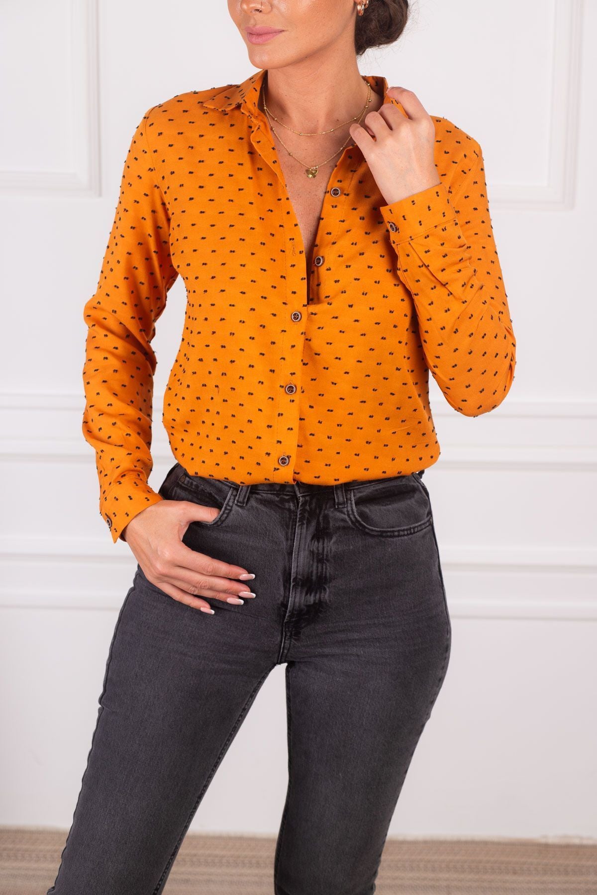 Women's Orange Patterned Long Sleeve Shirt ARM-24K001023