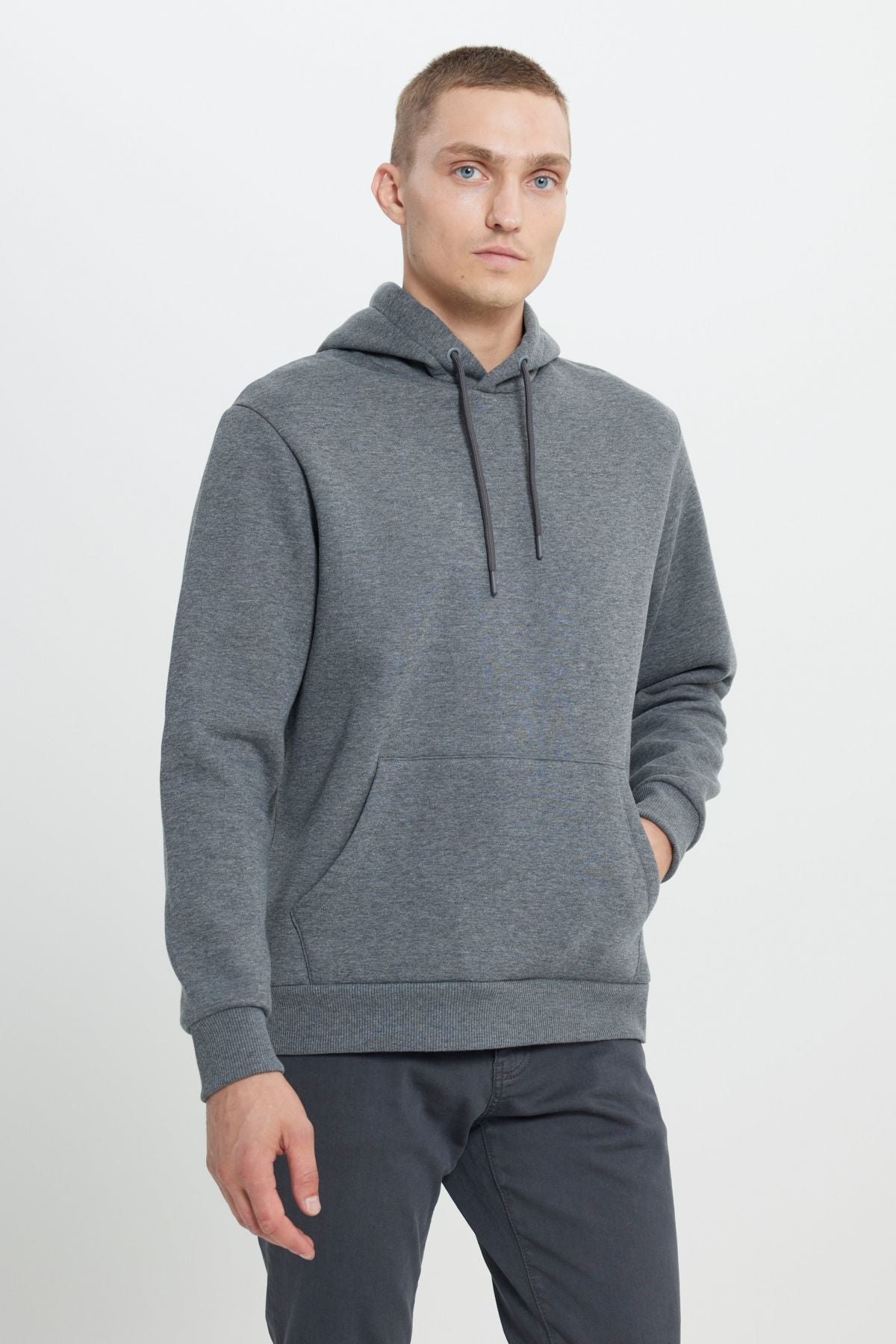 Men's anthracit-melanj standard fit Içi polar 3-tie hooded cotton sweatshirt