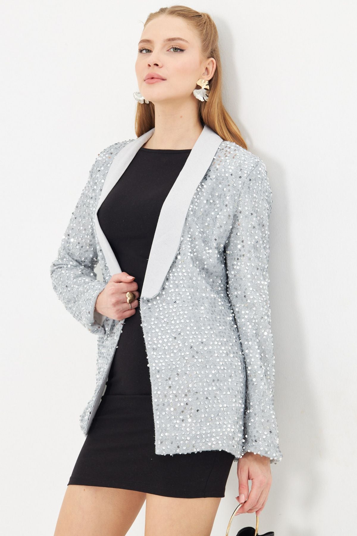 Woman Light Gray Shawl Paper Payet Jacket ARM-24K001052