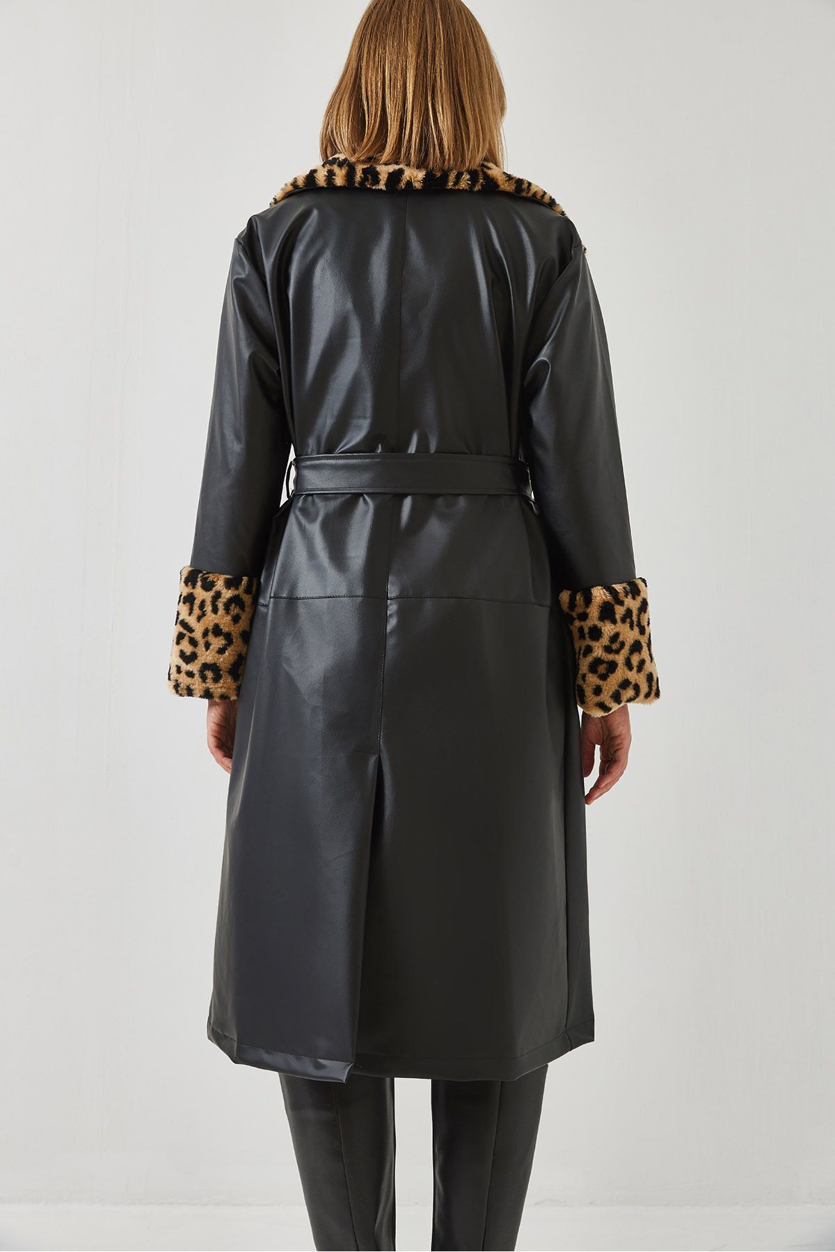 Women's collar and arms leopard fur leather trench coat 3103 60351269