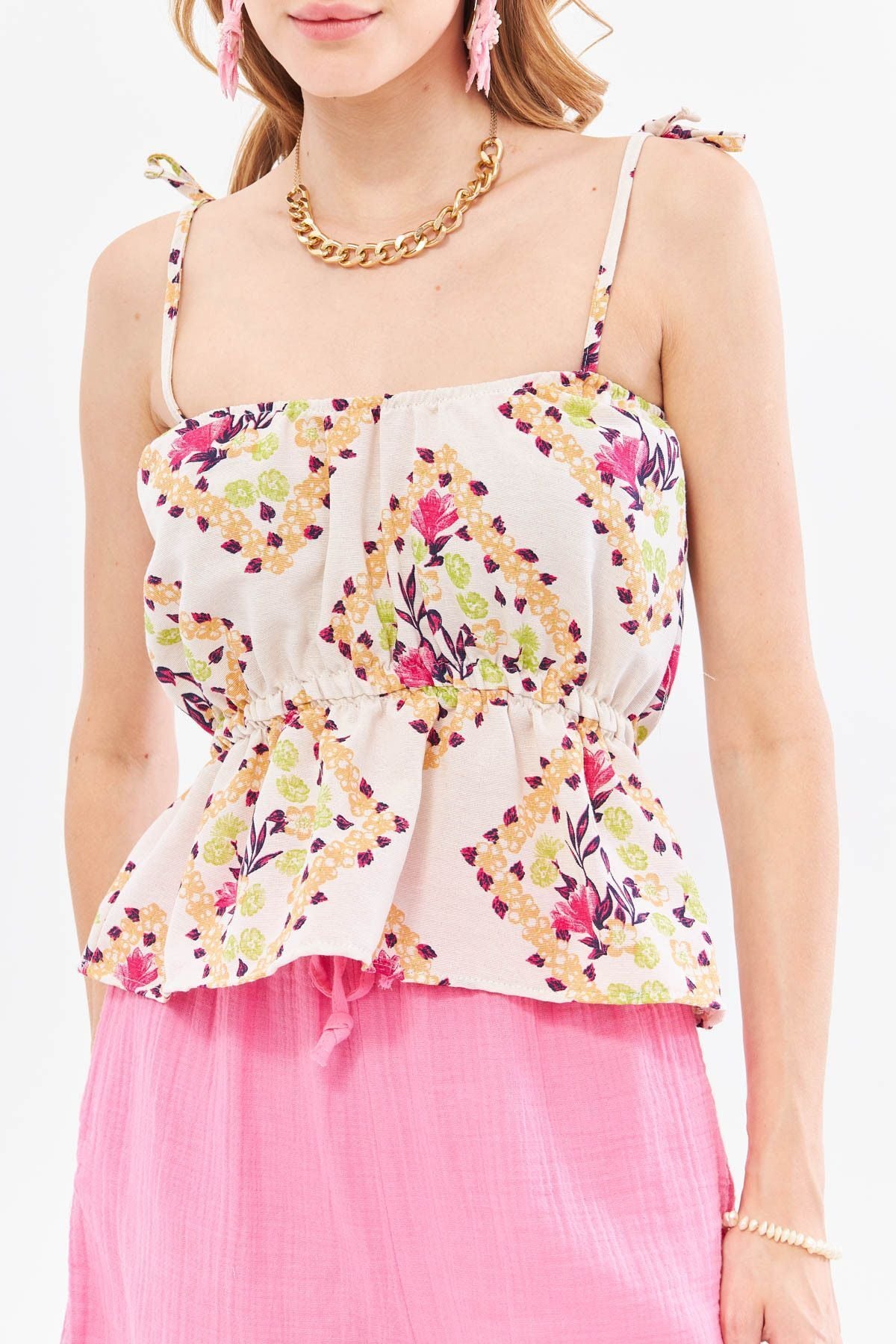 Woman Open Fuchsia Patterned Linen -Looking Waist Tire Hangers Connect Detailed Strapless Crop Blouse