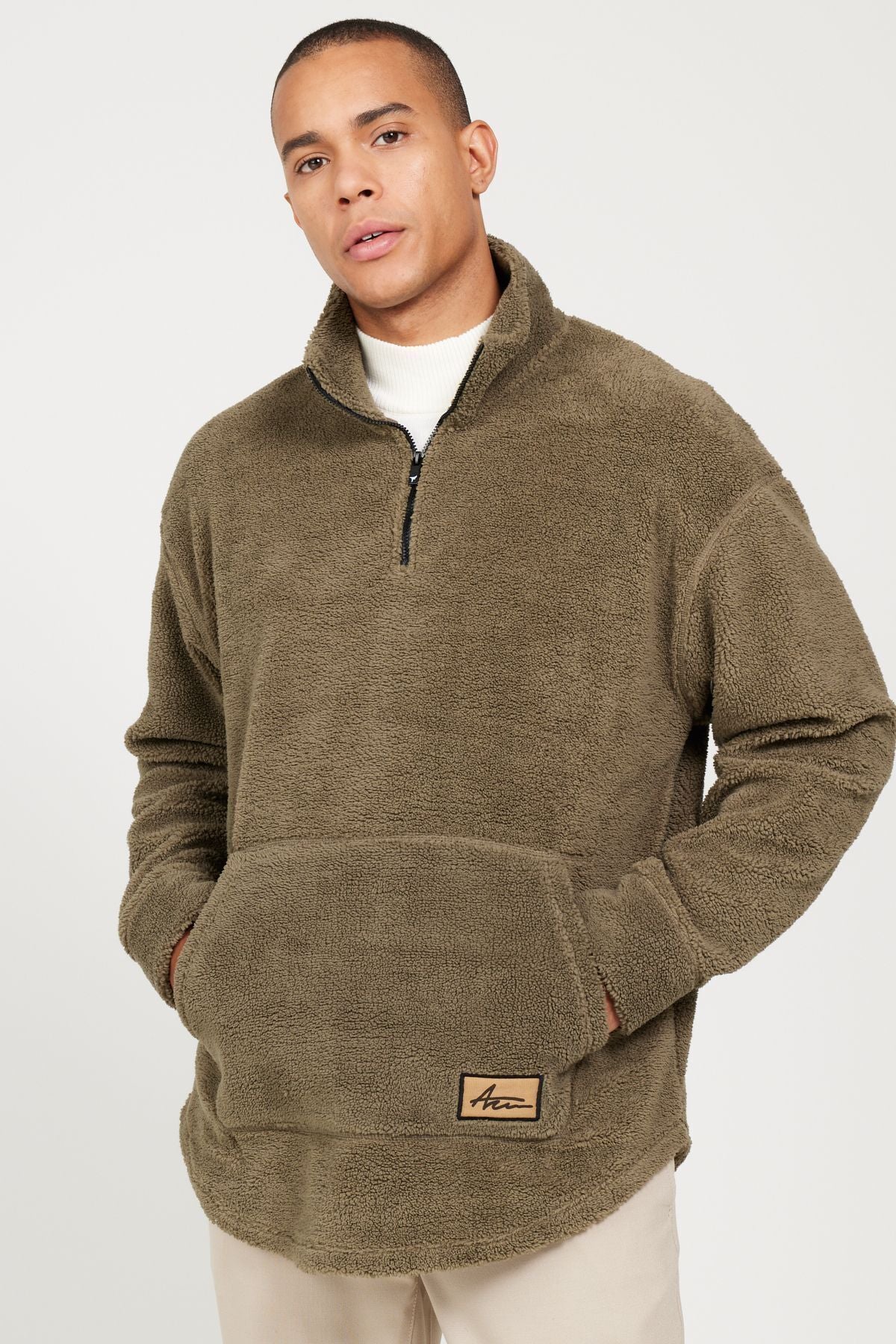 Men's Khaki Oversize Plenty Cut Ortak Bato Yaka Sherpa Sweatshirt Polar