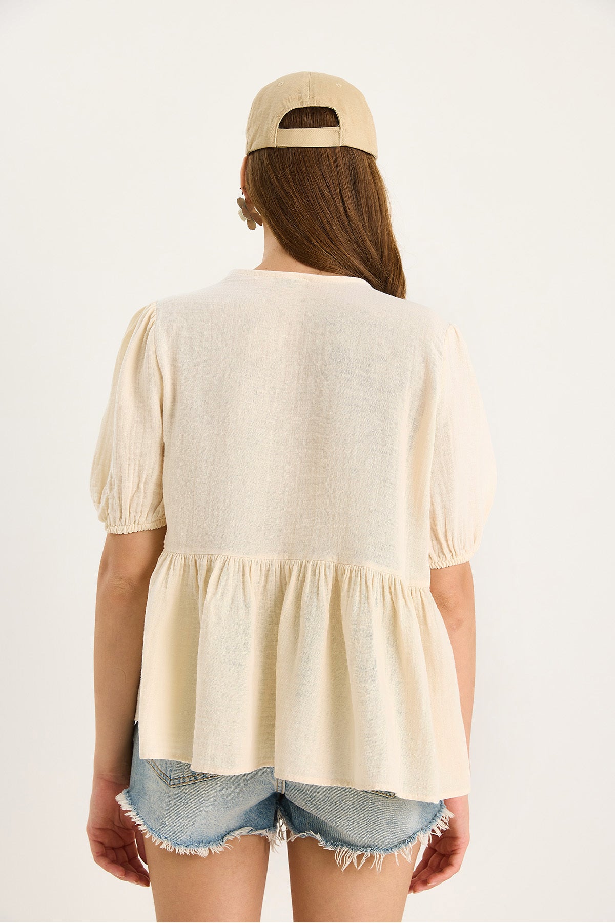 Women's Tie Detailed Short Sleeve Muslin Blouse 1024 60283459