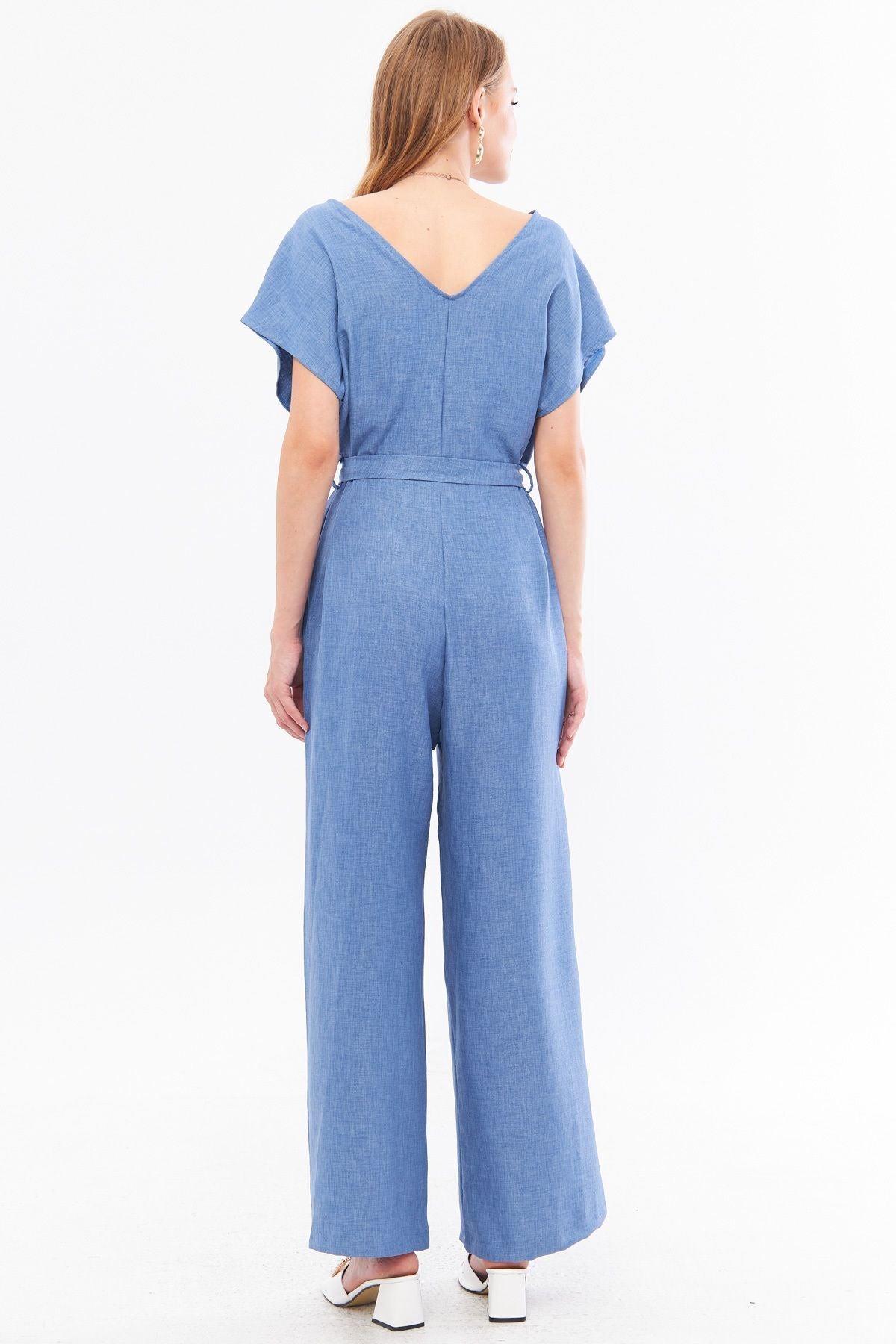 Female indigo cruve collar back V Detailed pocket with belt abundant trotting Arm-24y001073