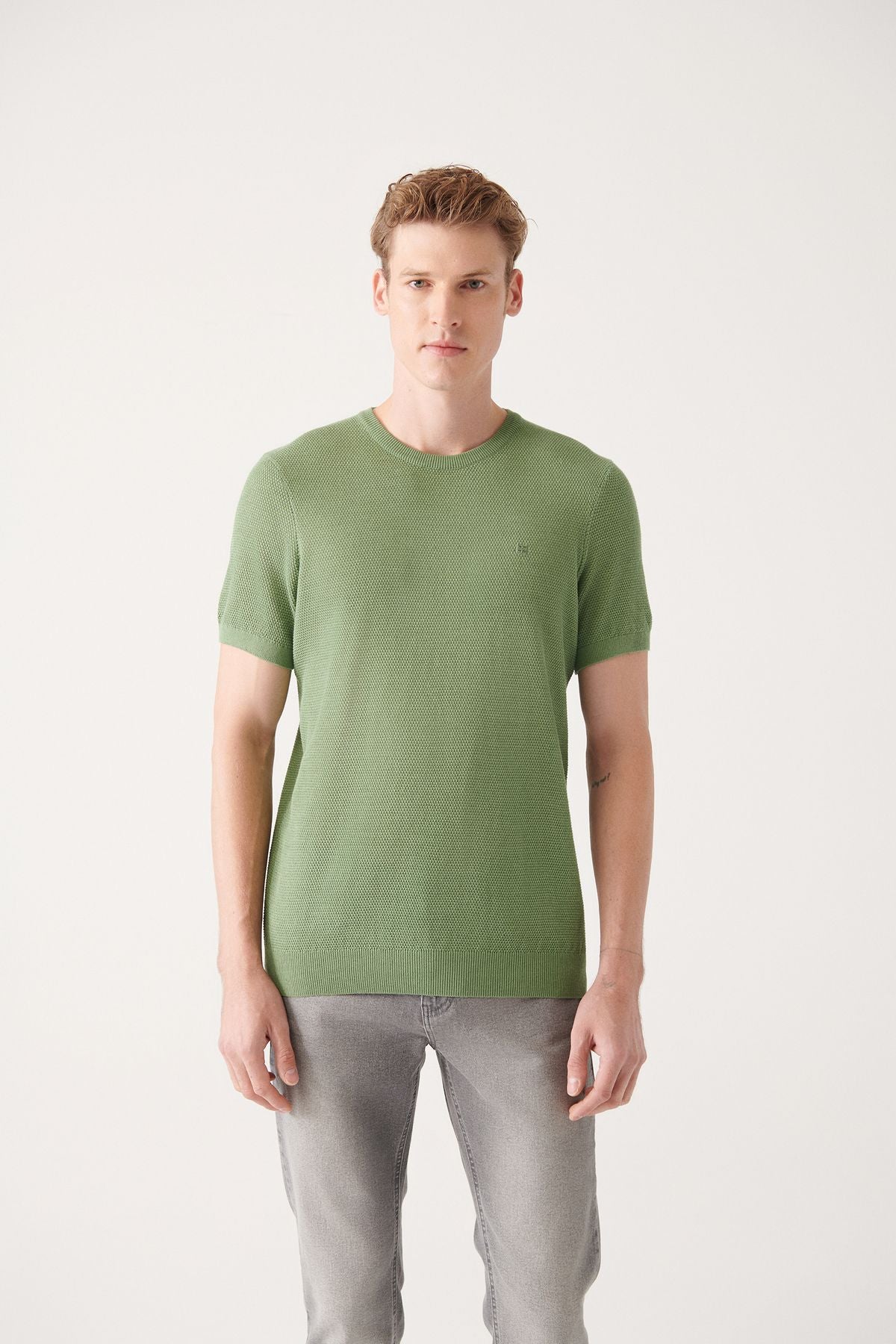 Men's water green knitwear t-shirt bike collar texture ribani regular fit B005010