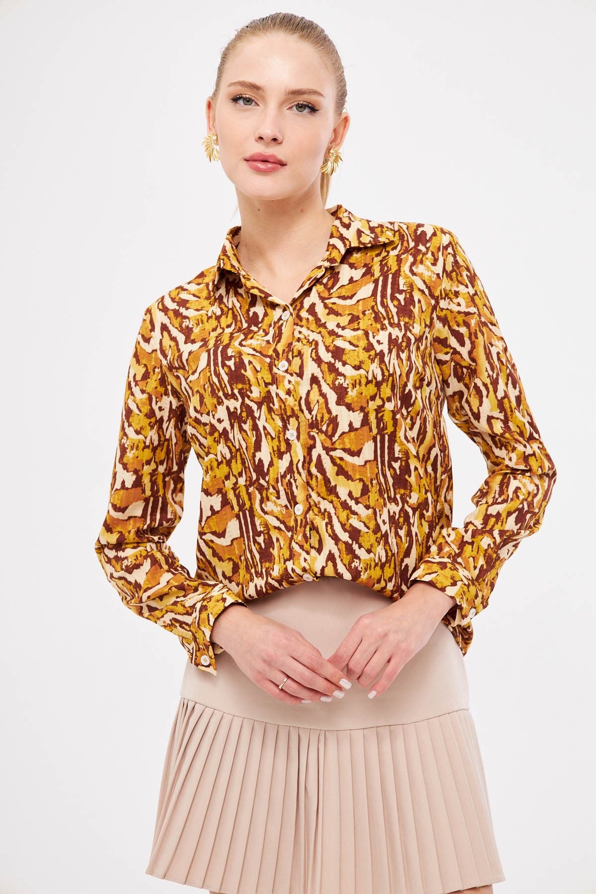 Women's Beige-Cahve Patterned Long Sleeve Shirt ARM-25K001040