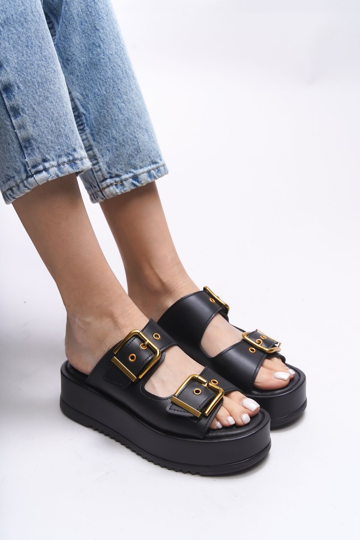 Winledha Female Double Buckle Slipper 001278 Black Skin
