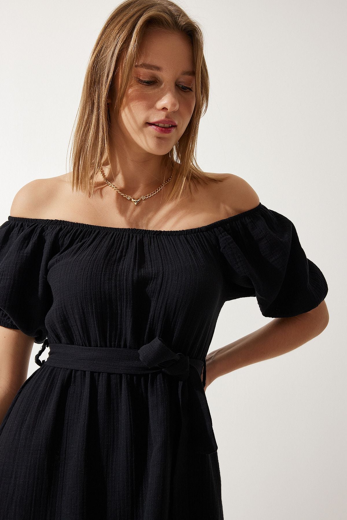 Female Black Carmen collar belt cottage Muslin dress MX00157