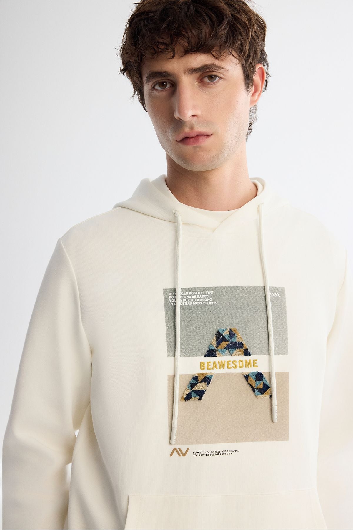 Male Ecru Hooded Cotton Printed Elastan Sweatshirt A42y1321